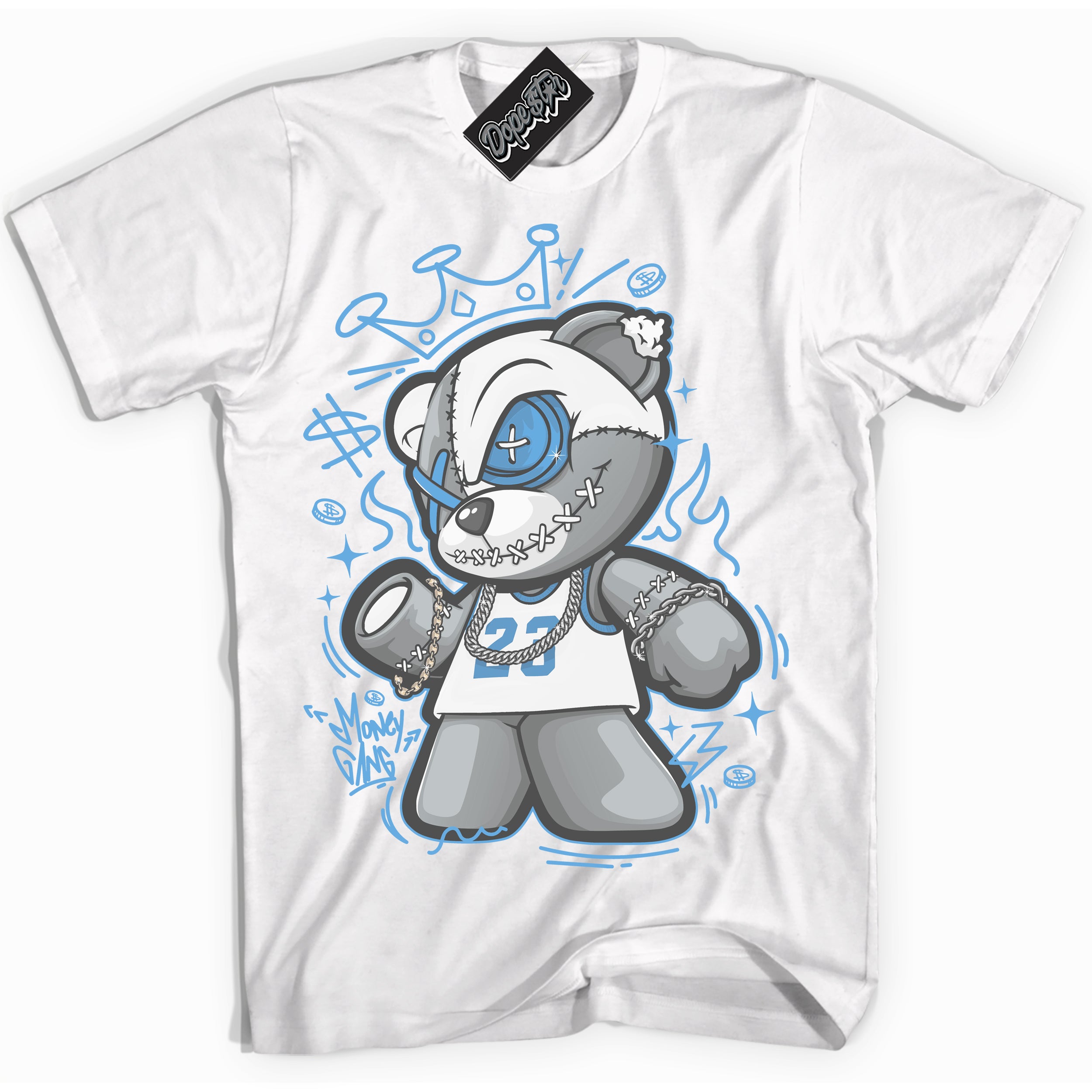 AJ1 Mid Legend Blue ‘Money Gang Bear’ – White Streetwear T-Shirt | Sneaker Matching shirt for AJ1 Mid Legend Blue | Men's and Women's Streetwear Graphic Tee by Sneaker Shirts Outlet.