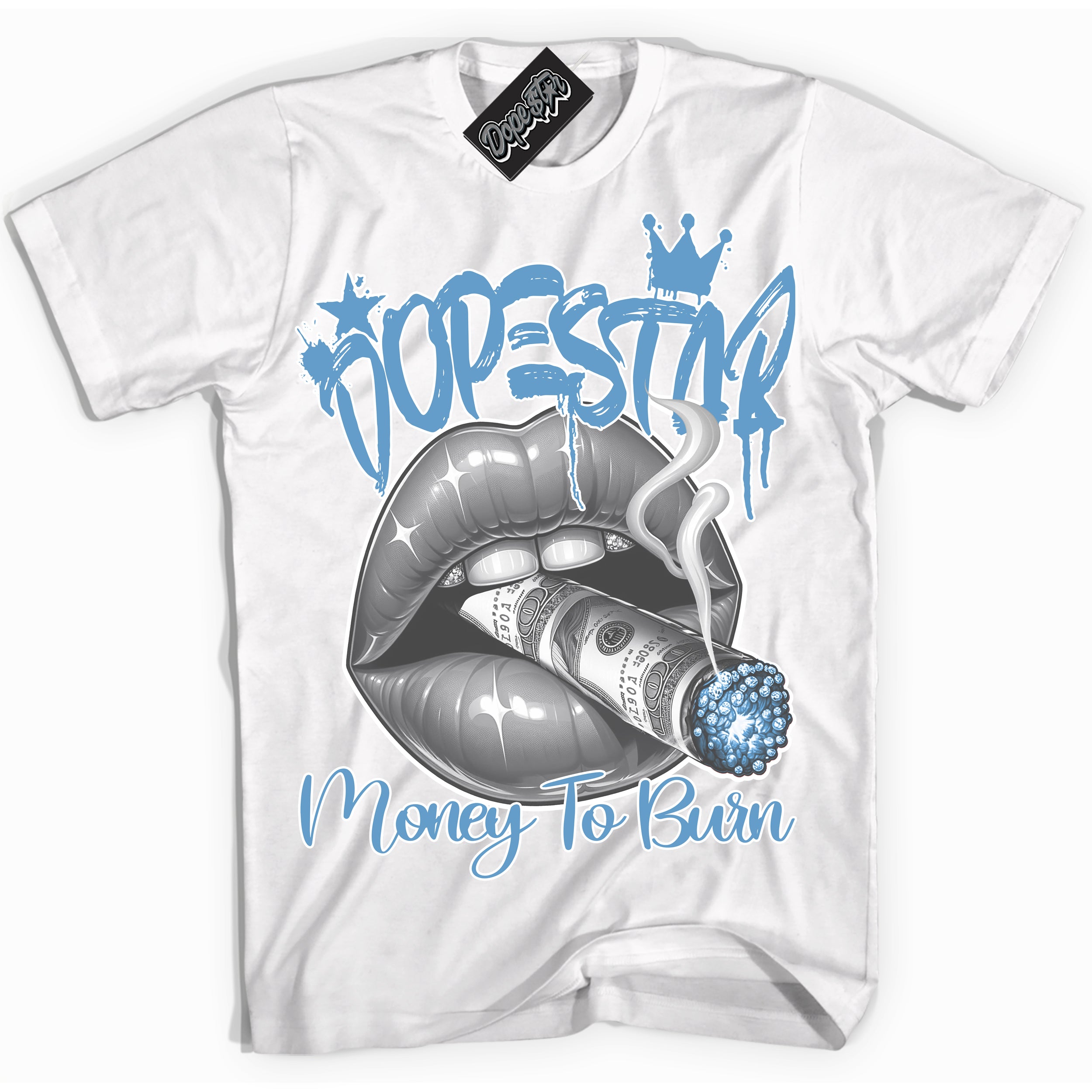AJ1 Mid Legend Blue ‘Money To Burn’ – White Streetwear T-Shirt | Sneaker Matching shirt for AJ1 Mid Legend Blue | Men's and Women's Streetwear Graphic Tee by Sneaker Shirts Outlet.