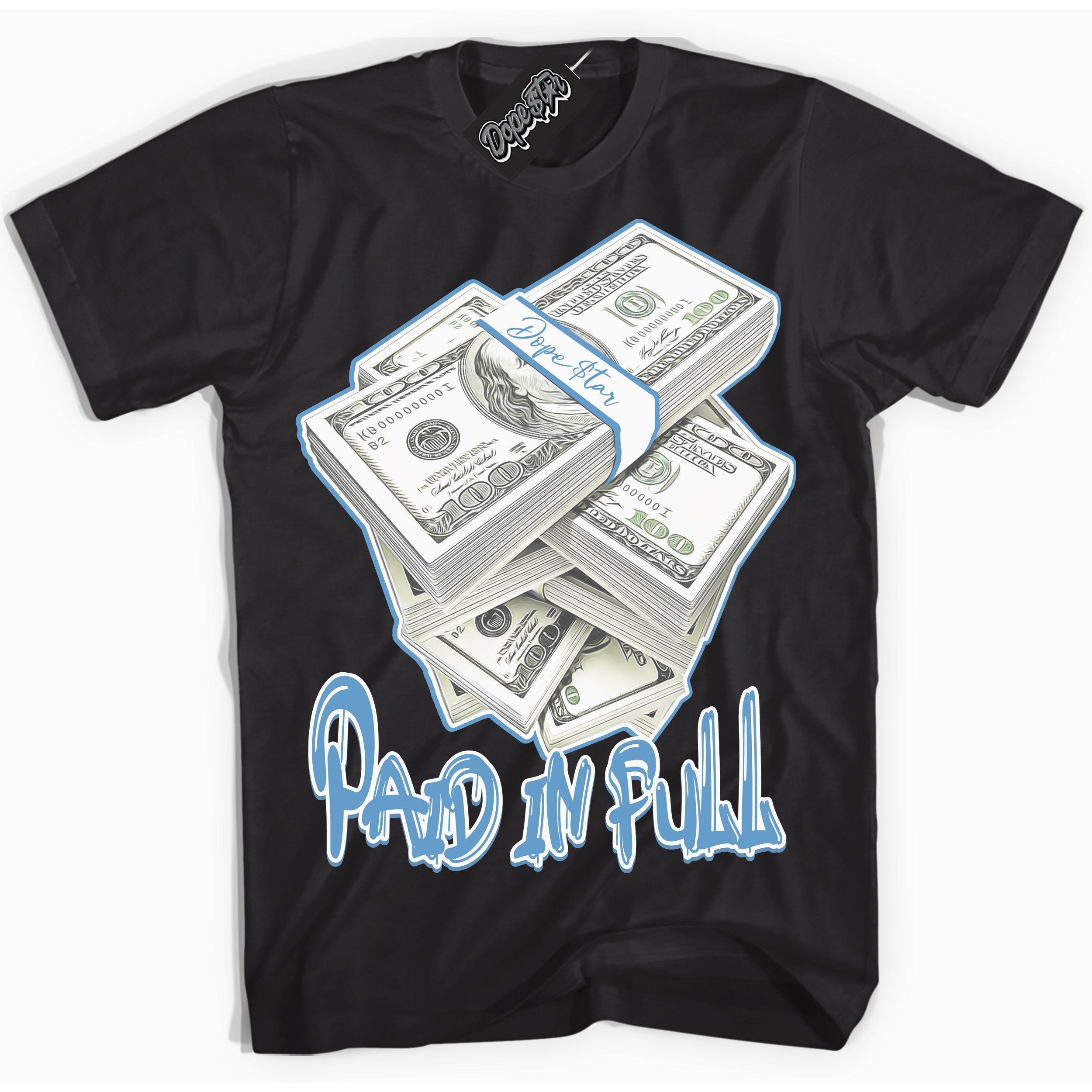 AJ1 Mid Legend Blue ‘Paid In Full’ – Black Streetwear T-Shirt | Sneaker Matching shirt for AJ1 Mid Legend Blue | Men's and Women's Streetwear Graphic Tee by Sneaker Shirts Outlet.