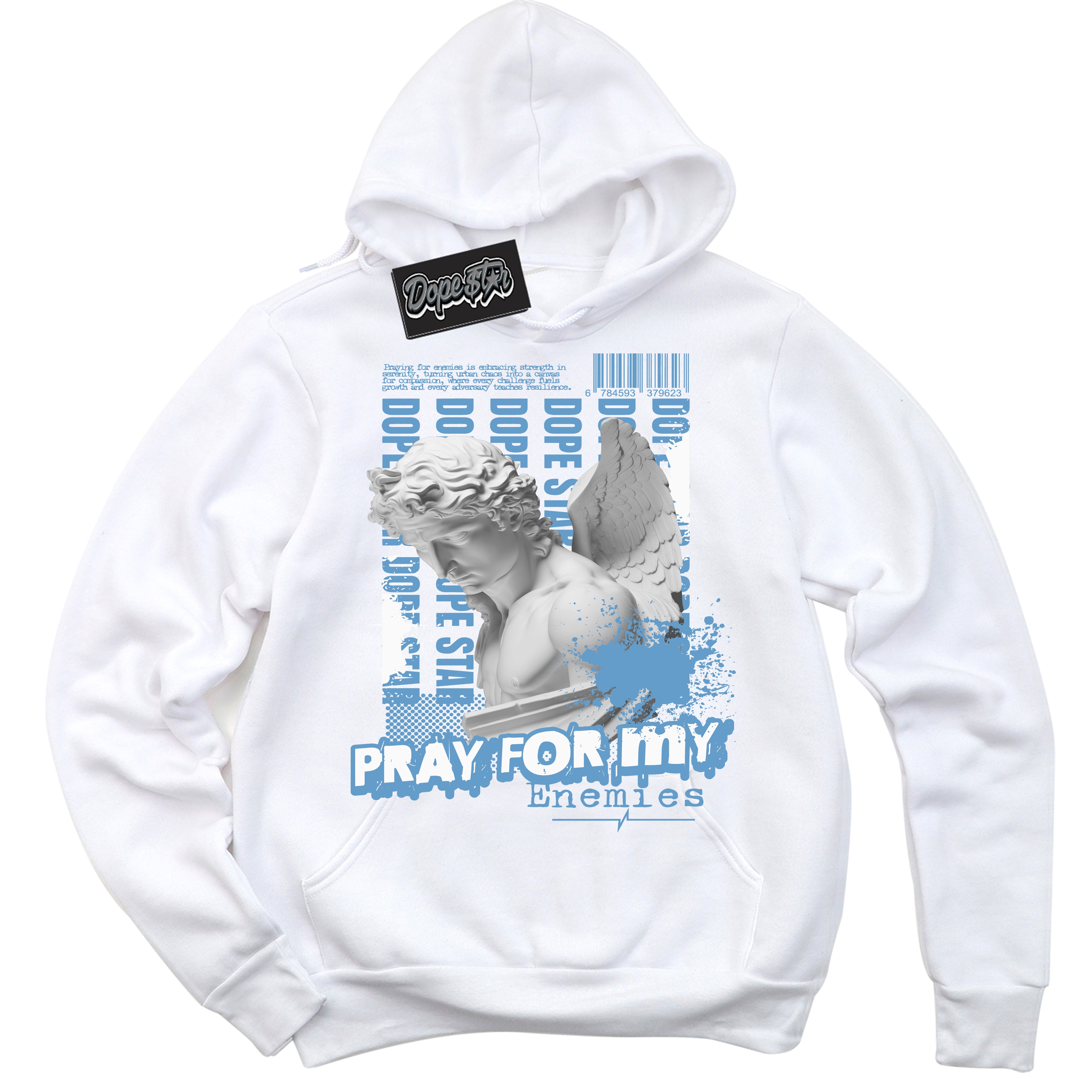 AJ1 Mid Legend Blue ‘Pray Enemies’ – White Streetwear Hoodie | Sneaker Matching sweatshirt for AJ1 Mid Legend Blue | Men's and Women's Streetwear Graphic Hoodie by Sneaker Shirts Outlet.