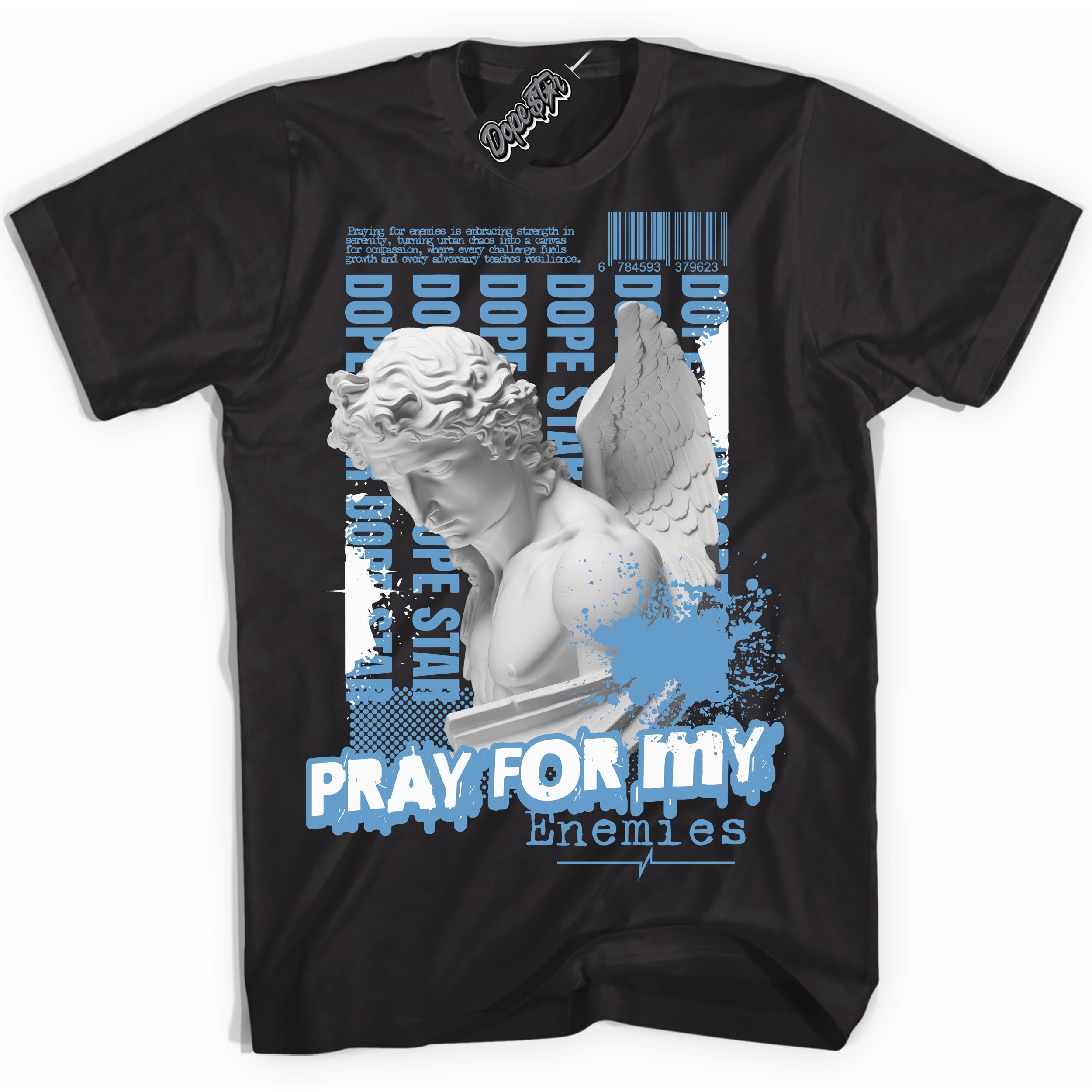 AJ1 Mid Legend Blue ‘Pray Enemies’ – Black Streetwear T-Shirt | Sneaker Matching shirt for AJ1 Mid Legend Blue | Men's and Women's Streetwear Graphic Tee by Sneaker Shirts Outlet.