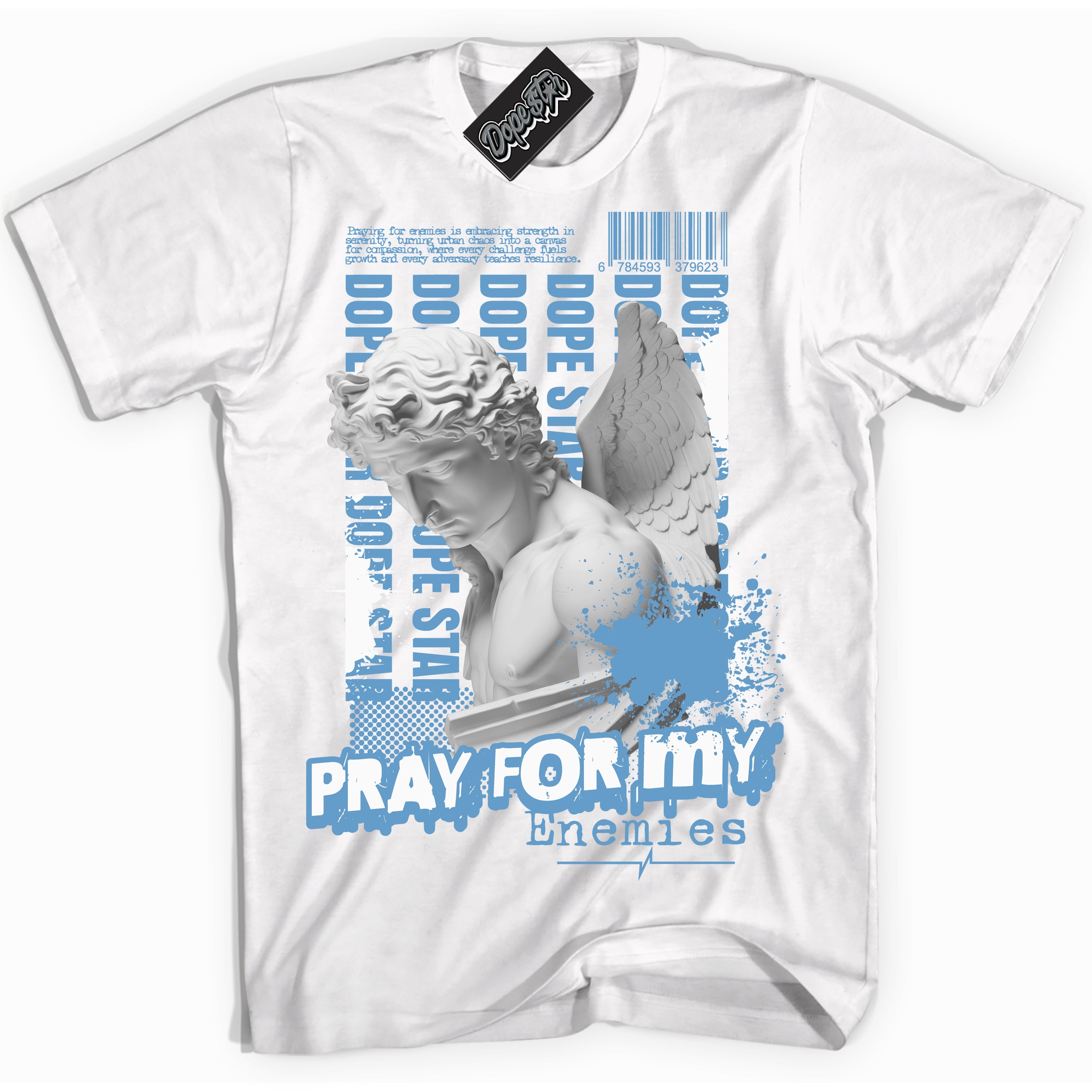 AJ1 Mid Legend Blue ‘Pray Enemies’ – White Streetwear T-Shirt | Sneaker Matching shirt for AJ1 Mid Legend Blue | Men's and Women's Streetwear Graphic Tee by Sneaker Shirts Outlet.