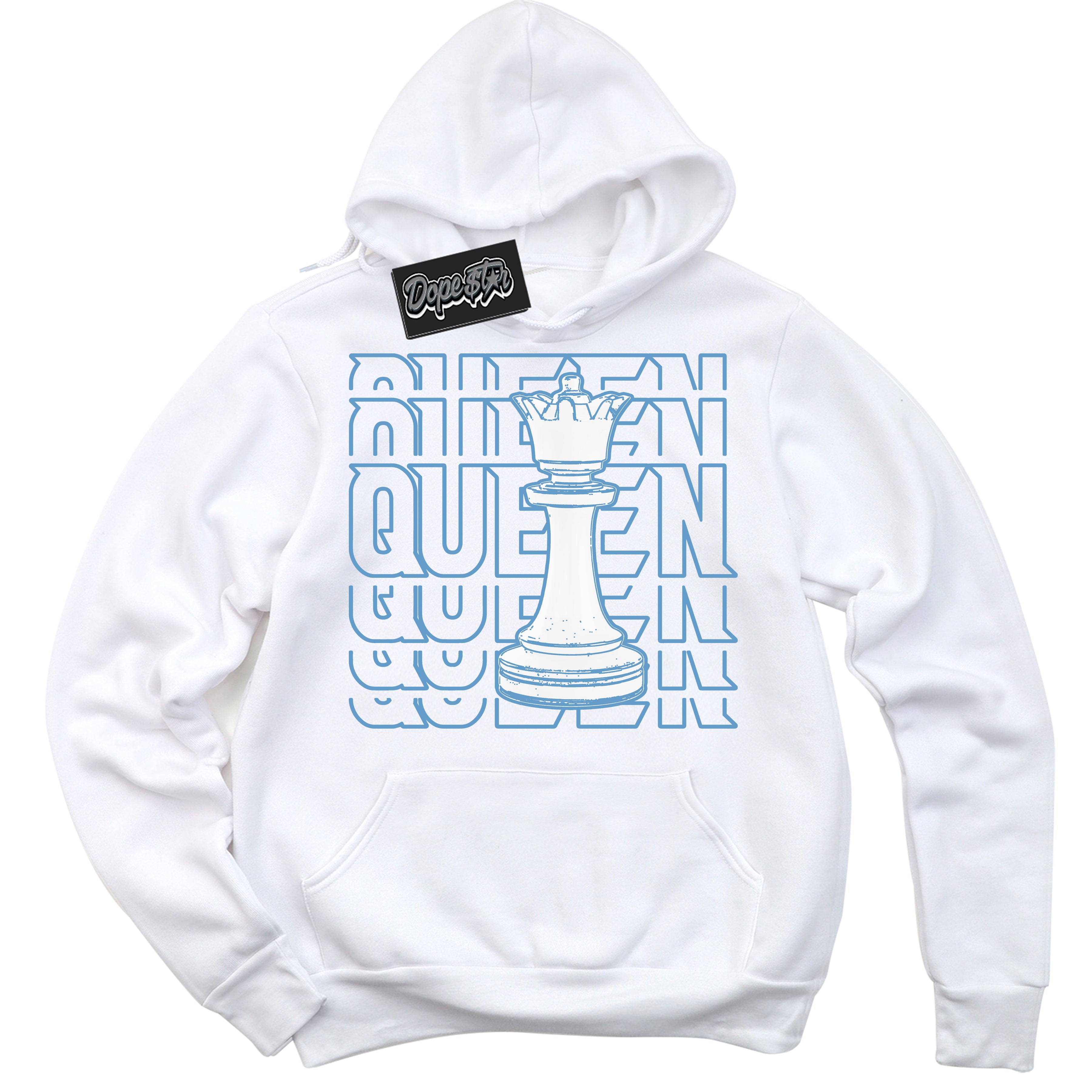 AJ1 Mid Legend Blue ‘Queen Chess’ – White Streetwear Hoodie | Sneaker Matching sweatshirt for AJ1 Mid Legend Blue | Men's and Women's Streetwear Graphic Hoodie by Sneaker Shirts Outlet.