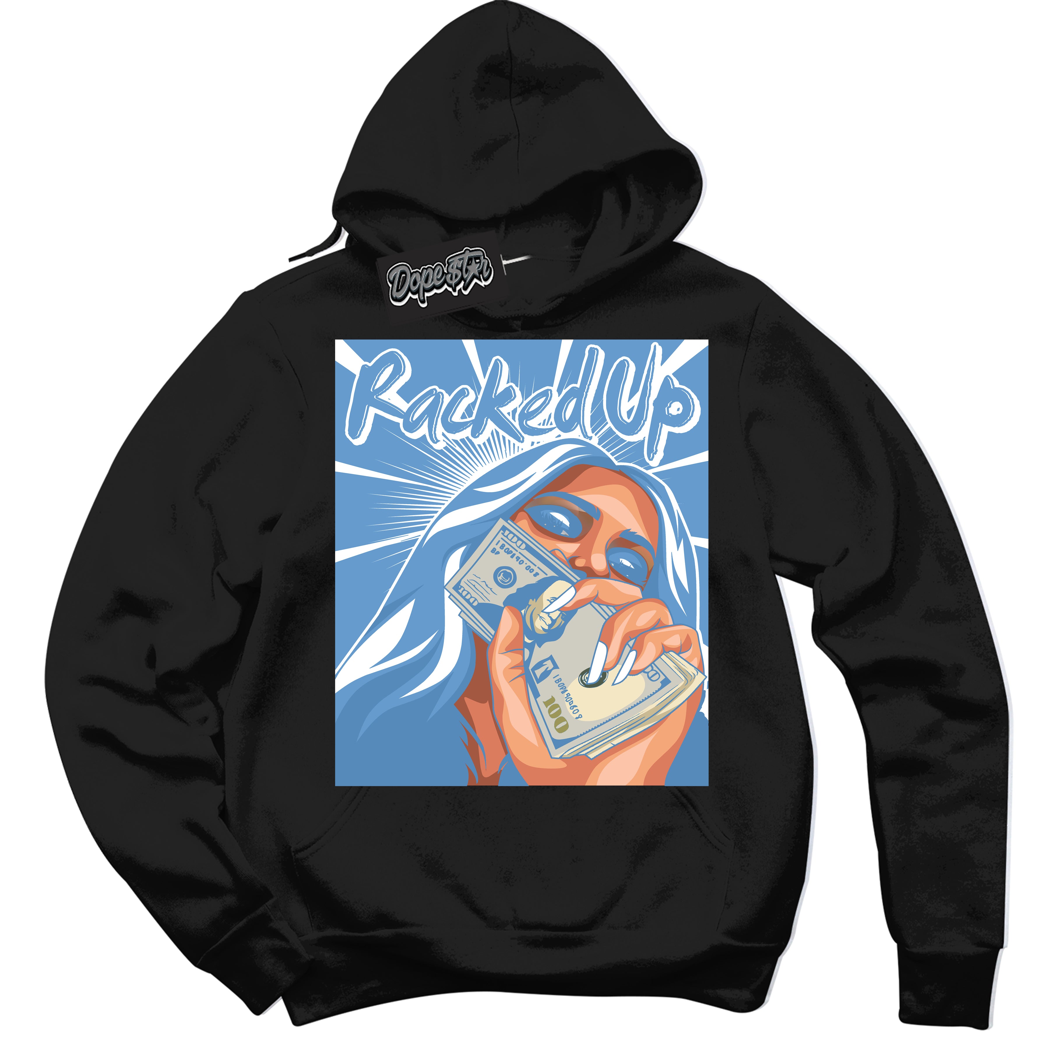 AJ1 Mid Legend Blue ‘Racked Up’ – Black Streetwear Hoodie | Sneaker Matching sweatshirt for AJ1 Mid Legend Blue | Men's and Women's Streetwear Graphic Hoodie by Sneaker Shirts Outlet.