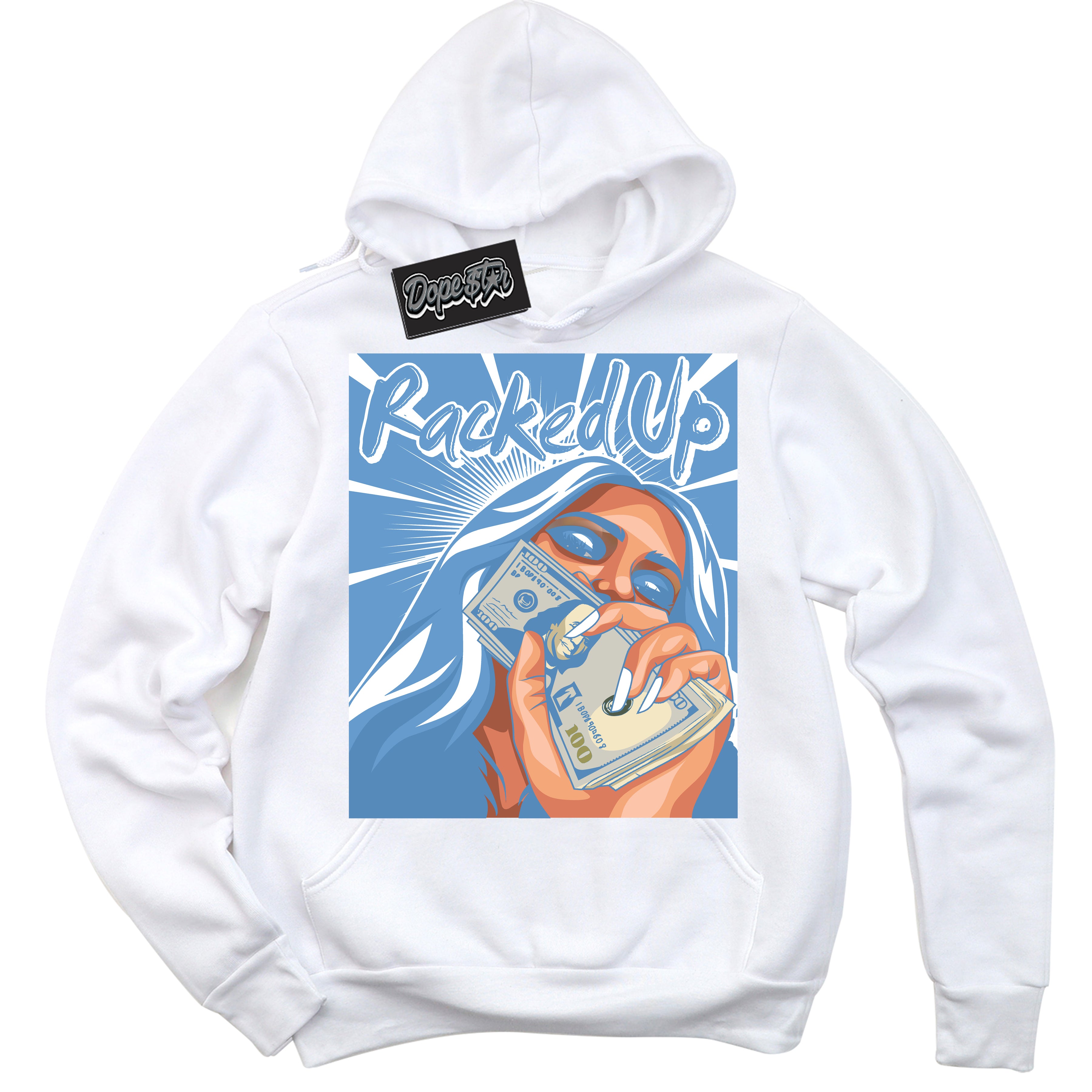 AJ1 Mid Legend Blue ‘Racked Up’ – White Streetwear Hoodie | Sneaker Matching sweatshirt for AJ1 Mid Legend Blue | Men's and Women's Streetwear Graphic Hoodie by Sneaker Shirts Outlet.