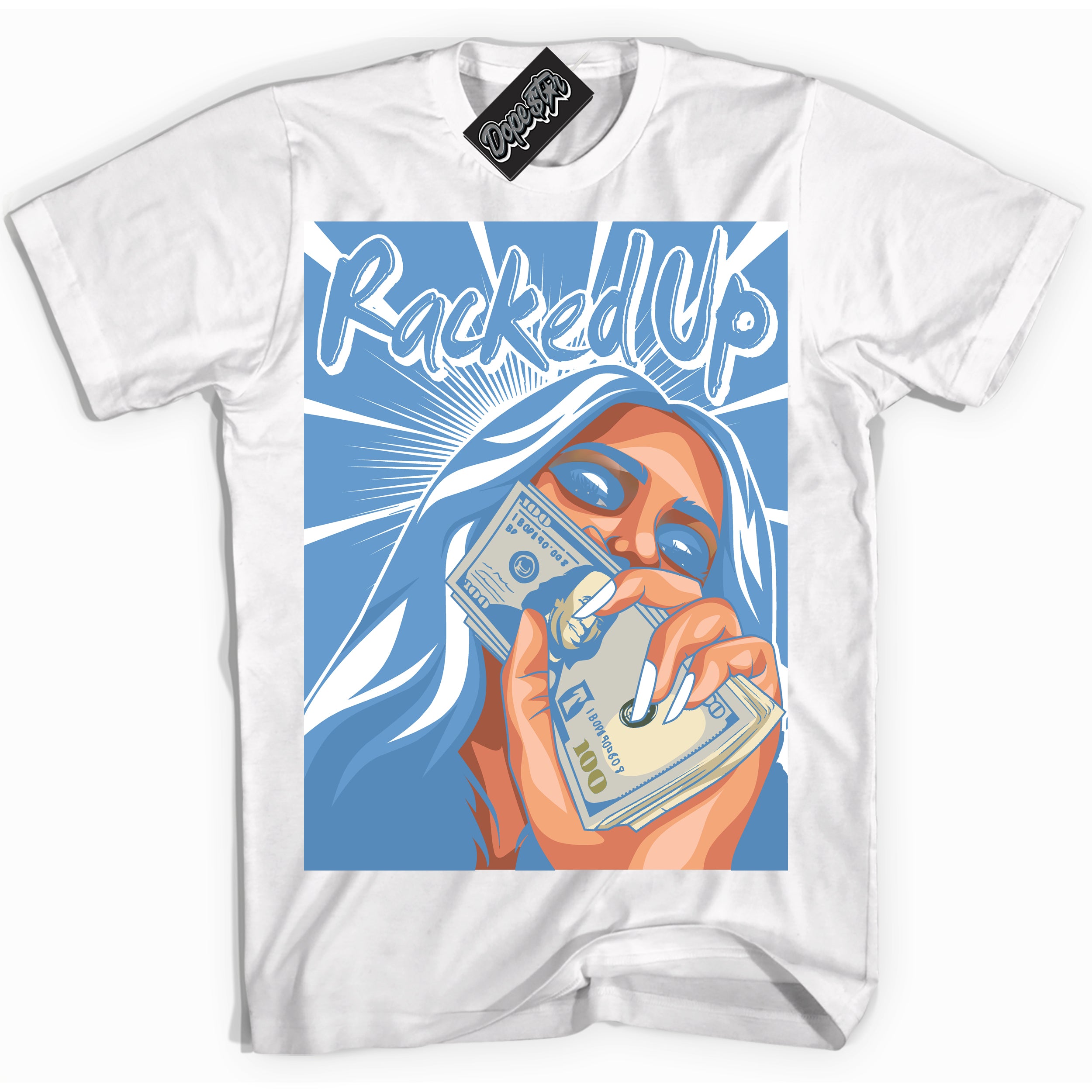 AJ1 Mid Legend Blue ‘Racked Up’ – White Streetwear T-Shirt | Sneaker Matching shirt for AJ1 Mid Legend Blue | Men's and Women's Streetwear Graphic Tee by Sneaker Shirts Outlet.