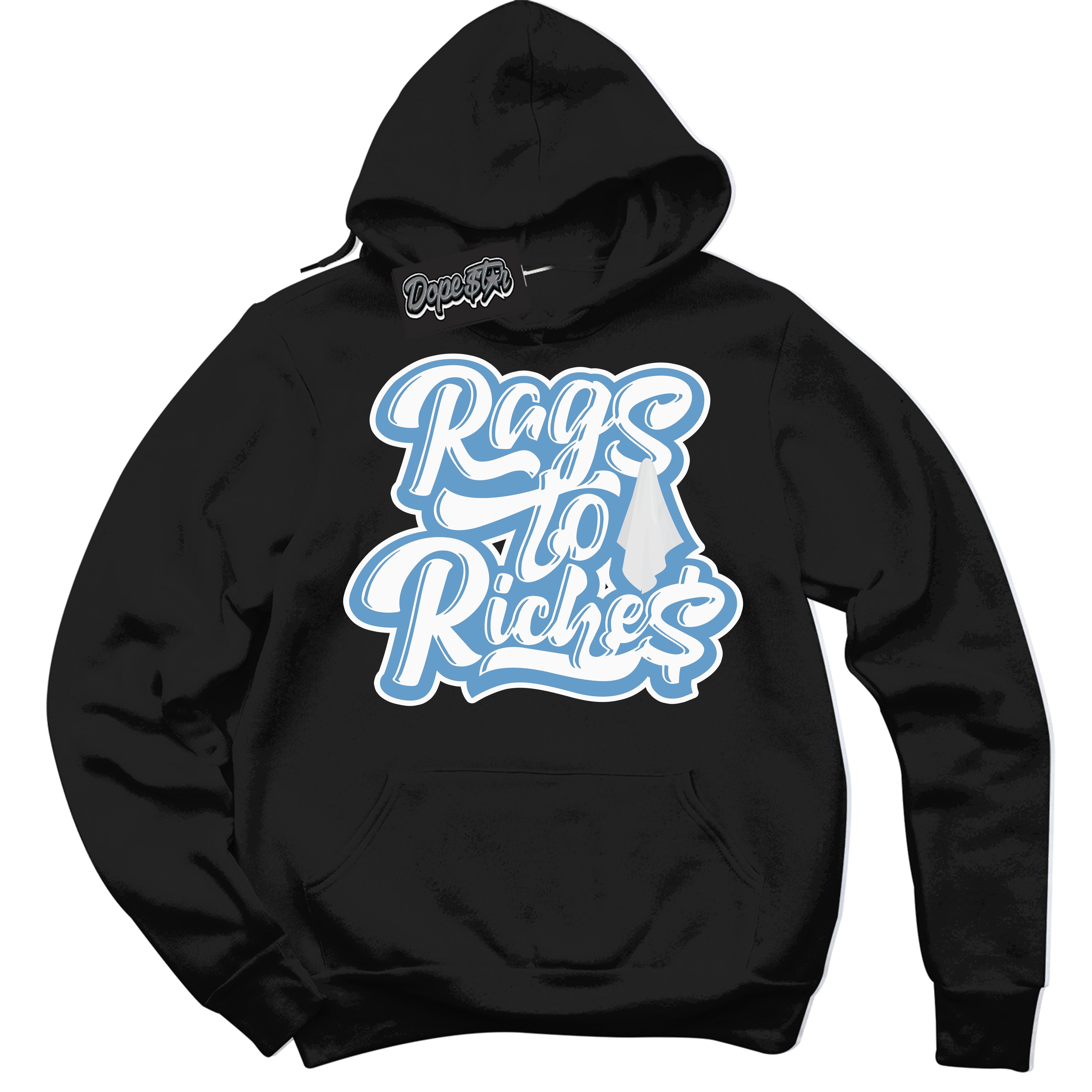 AJ1 Mid Legend Blue ‘Rags To Riches’ – Black Streetwear Hoodie | Sneaker Matching sweatshirt for AJ1 Mid Legend Blue | Men's and Women's Streetwear Graphic Hoodie by Sneaker Shirts Outlet.