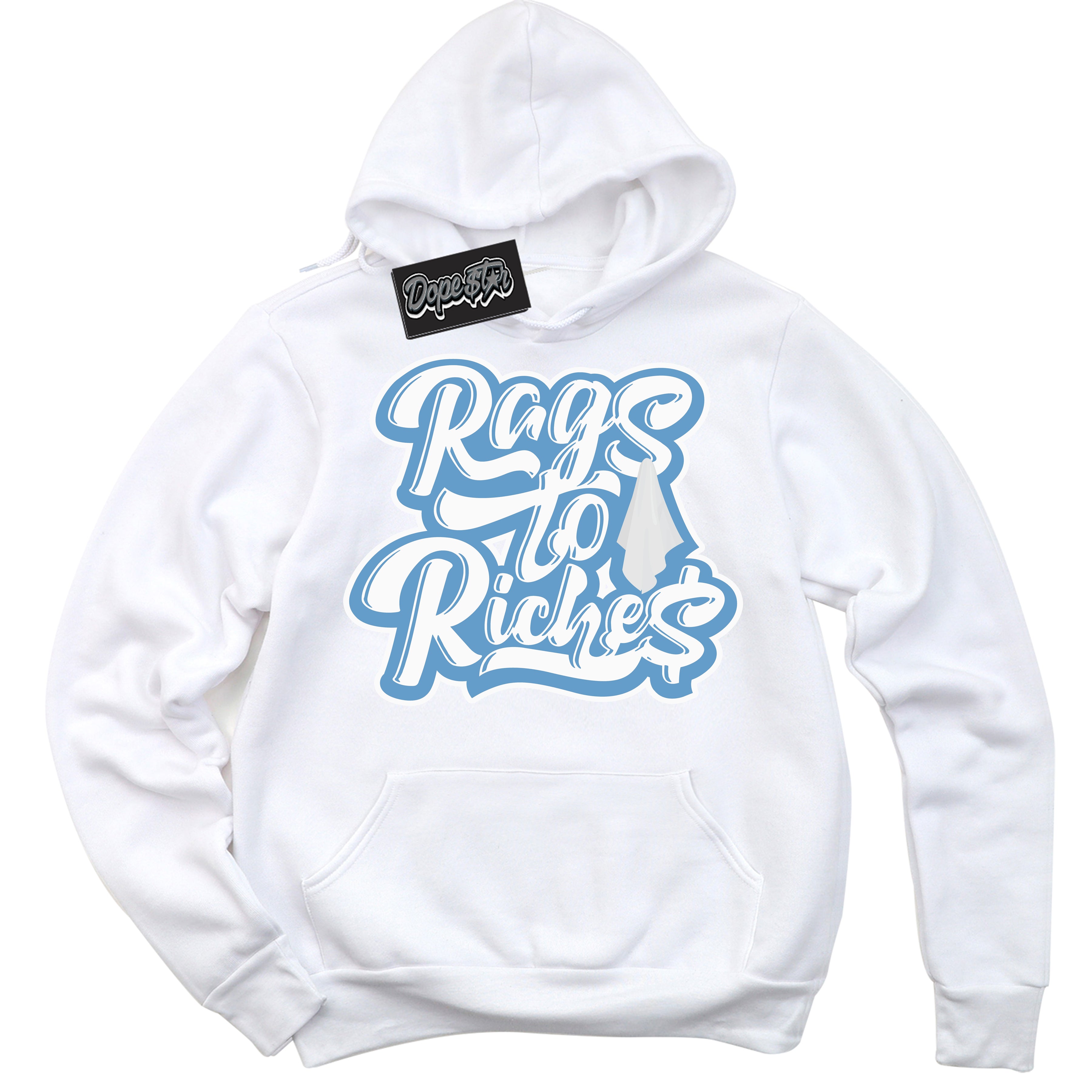 AJ1 Mid Legend Blue ‘Rags To Riches’ – White Streetwear Hoodie | Sneaker Matching sweatshirt for AJ1 Mid Legend Blue | Men's and Women's Streetwear Graphic Hoodie by Sneaker Shirts Outlet.
