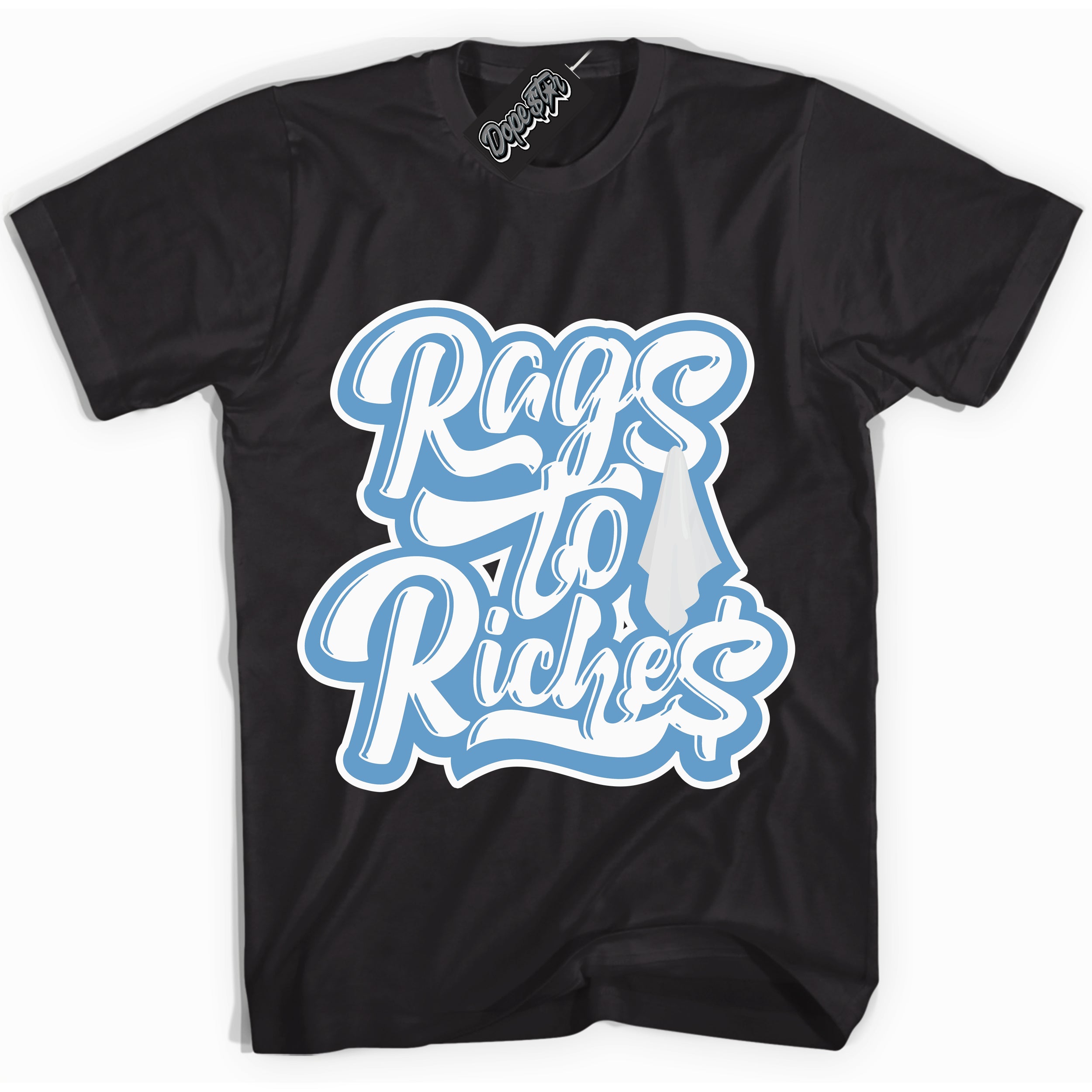 AJ1 Mid Legend Blue ‘Rags To Riches’ – Black Streetwear T-Shirt | Sneaker Matching shirt for AJ1 Mid Legend Blue | Men's and Women's Streetwear Graphic Tee by Sneaker Shirts Outlet.