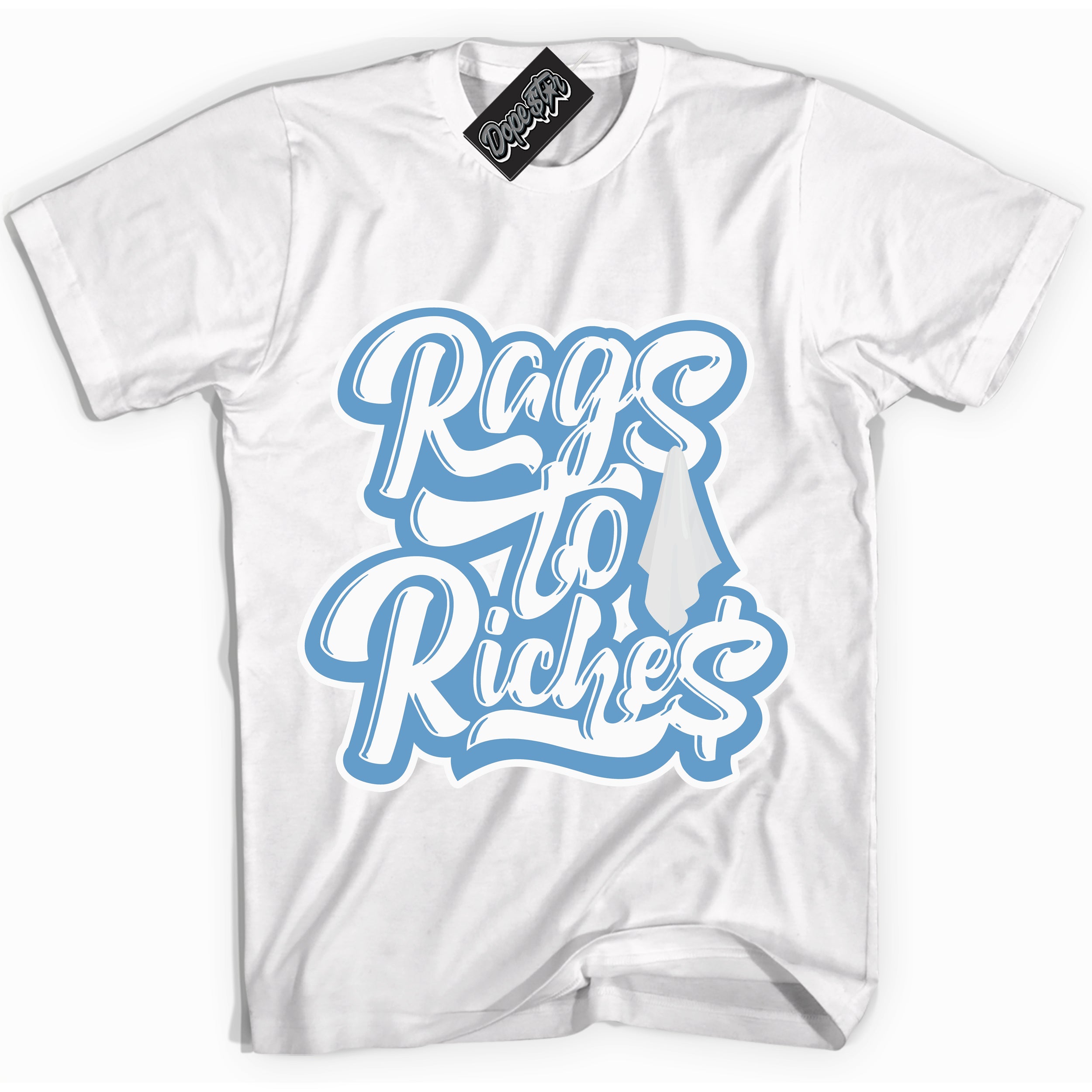 AJ1 Mid Legend Blue ‘Rags To Riches’ – White Streetwear T-Shirt | Sneaker Matching shirt for AJ1 Mid Legend Blue | Men's and Women's Streetwear Graphic Tee by Sneaker Shirts Outlet.