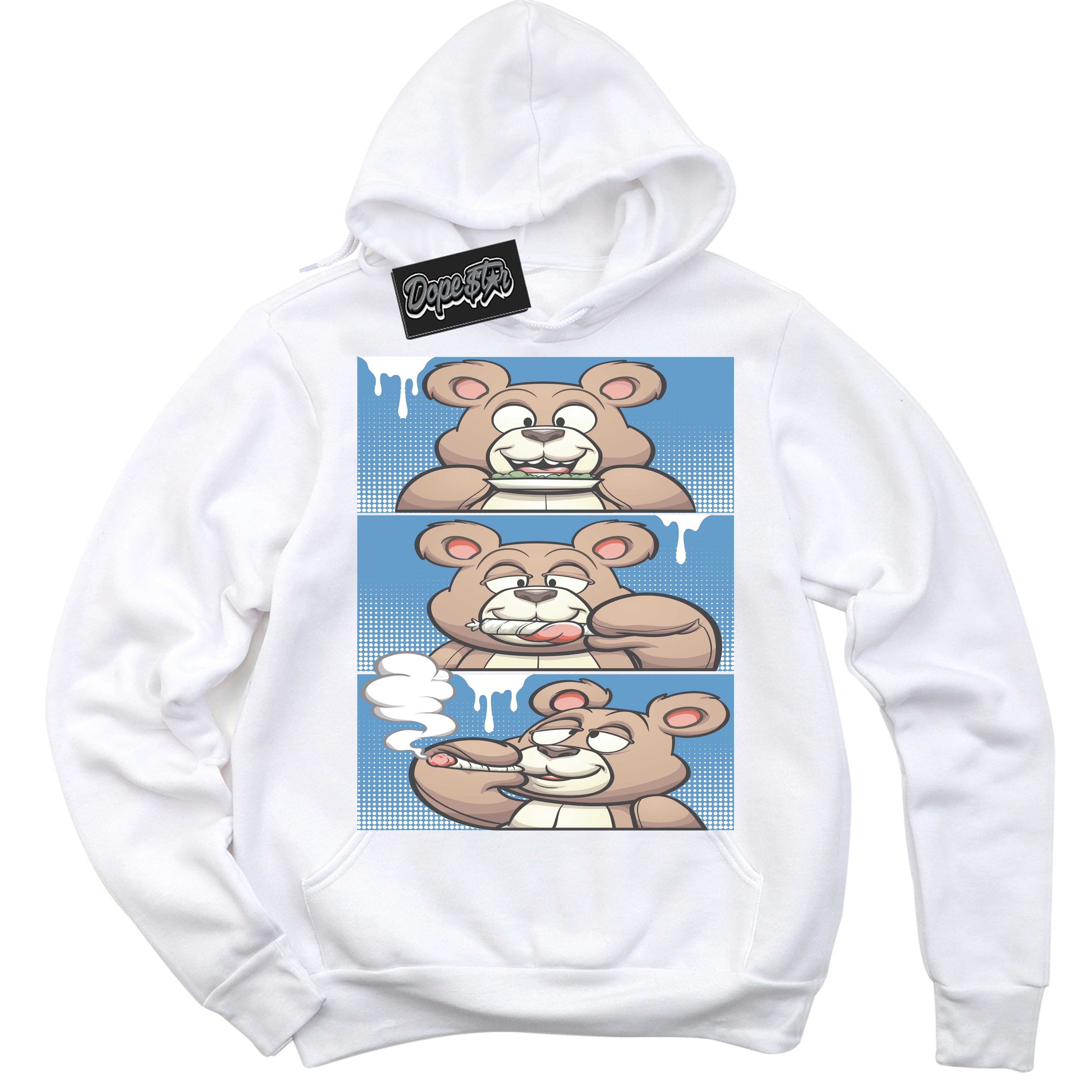 AJ1 Mid Legend Blue ‘Roll It Lick It Smoke It Bear’ – White Streetwear Hoodie | Sneaker Matching sweatshirt for AJ1 Mid Legend Blue | Men's and Women's Streetwear Graphic Hoodie by Sneaker Shirts Outlet.