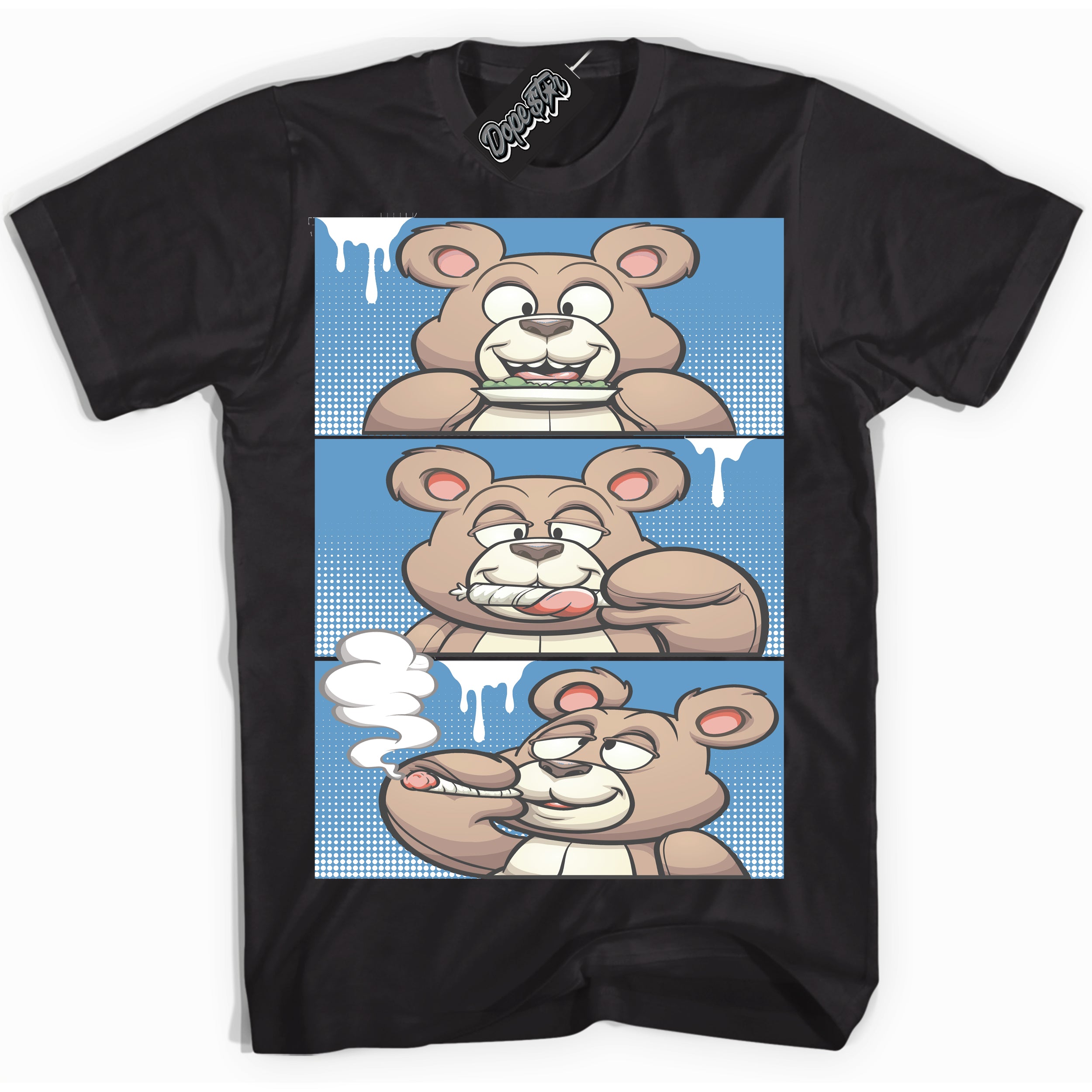 AJ1 Mid Legend Blue ‘Roll It Lick It Smoke It Bear’ – Black Streetwear T-Shirt | Sneaker Matching shirt for AJ1 Mid Legend Blue | Men's and Women's Streetwear Graphic Tee by Sneaker Shirts Outlet.