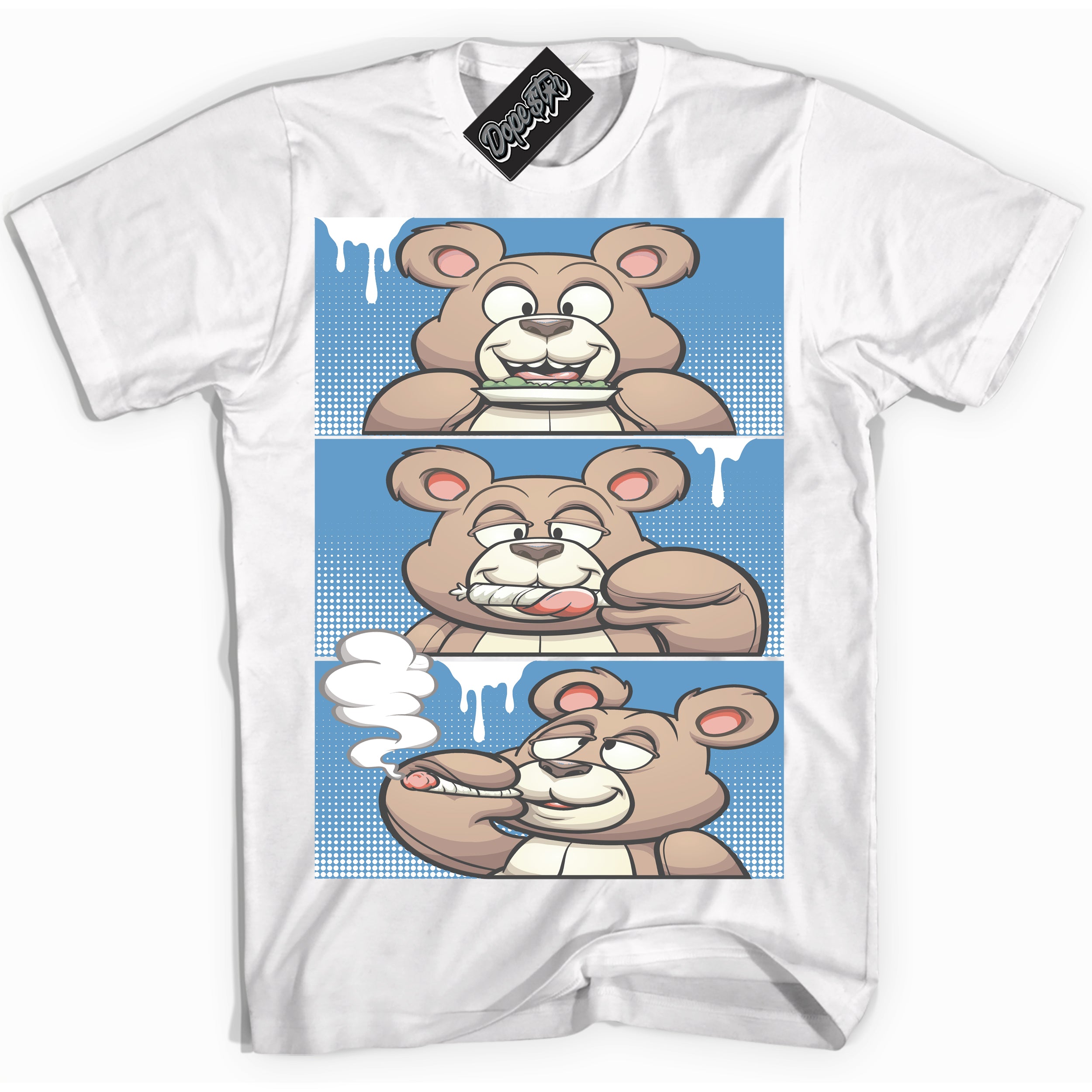 AJ1 Mid Legend Blue ‘Roll It Lick It Smoke It Bear’ – White Streetwear T-Shirt | Sneaker Matching shirt for AJ1 Mid Legend Blue | Men's and Women's Streetwear Graphic Tee by Sneaker Shirts Outlet.