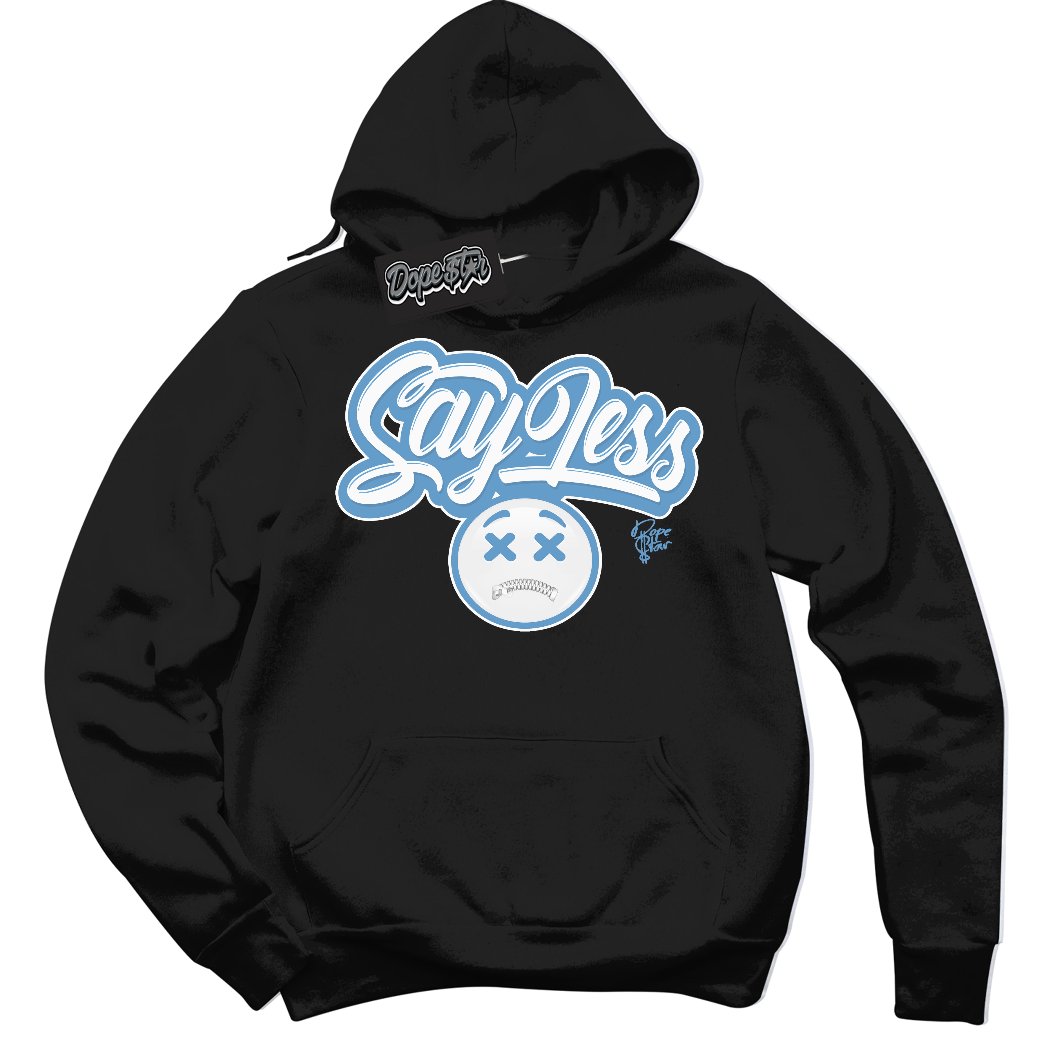 AJ1 Mid Legend Blue ‘Say Less’ – Black Streetwear Hoodie | Sneaker Matching sweatshirt for AJ1 Mid Legend Blue | Men's and Women's Streetwear Graphic Hoodie by Sneaker Shirts Outlet.