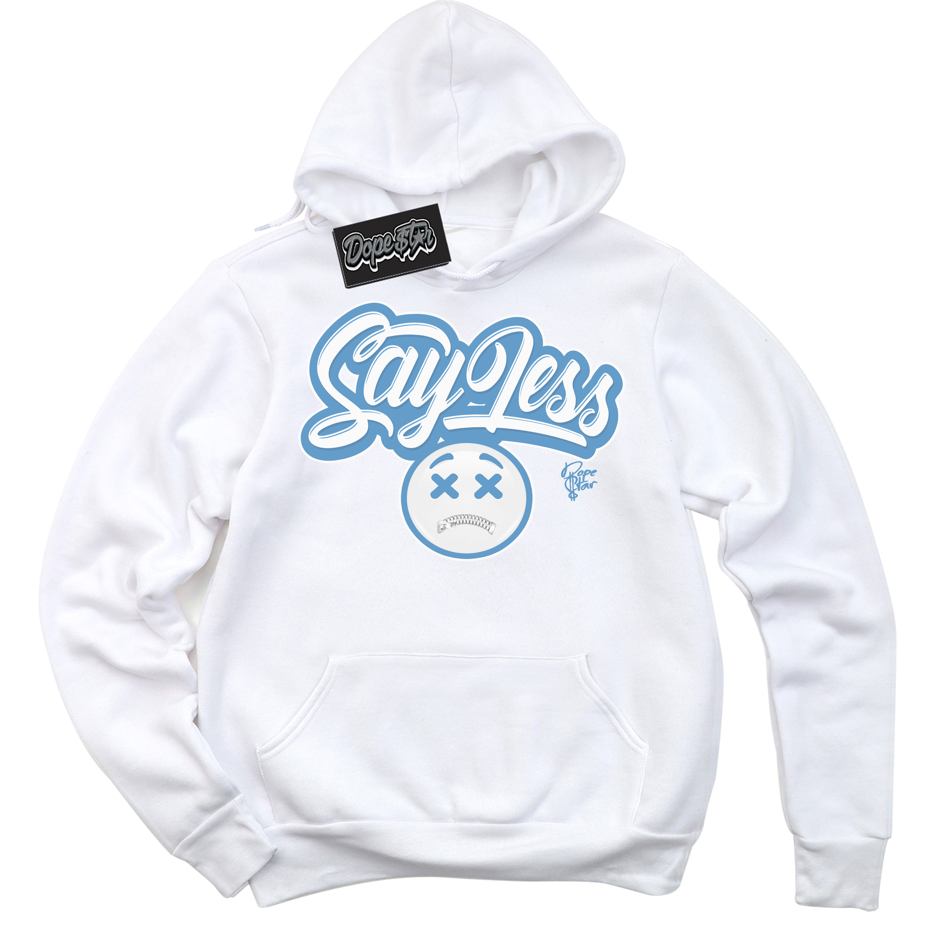 AJ1 Mid Legend Blue ‘Say Less’ – White Streetwear Hoodie | Sneaker Matching sweatshirt for AJ1 Mid Legend Blue | Men's and Women's Streetwear Graphic Hoodie by Sneaker Shirts Outlet.
