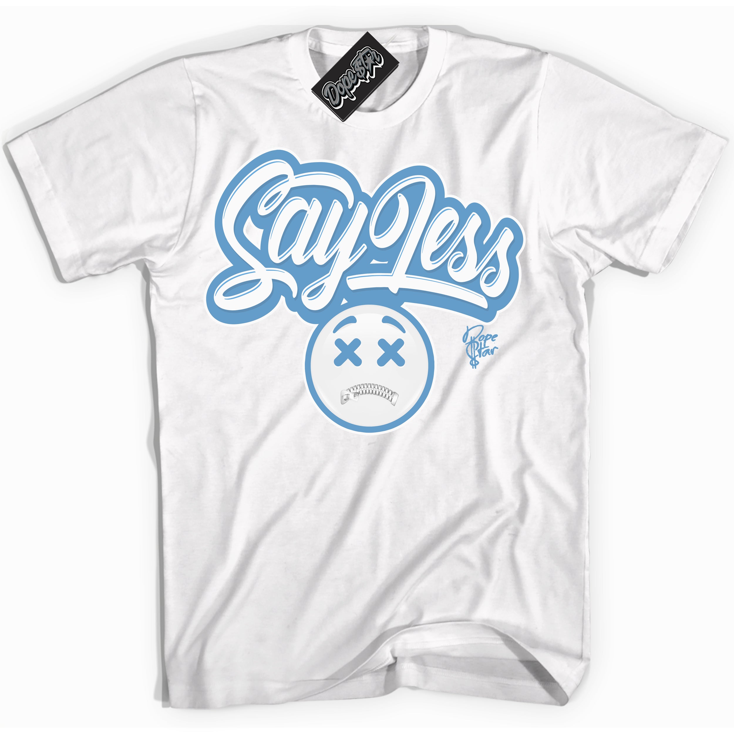 AJ1 Mid Legend Blue ‘Say Less’ – White Streetwear T-Shirt | Sneaker Matching shirt for AJ1 Mid Legend Blue | Men's and Women's Streetwear Graphic Tee by Sneaker Shirts Outlet.