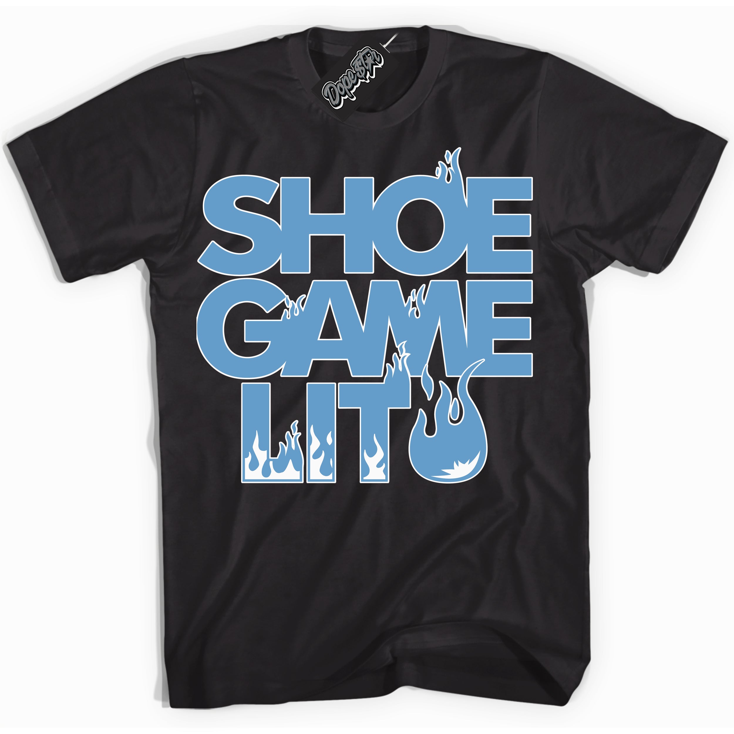 AJ1 Mid Legend Blue ‘Shoe Game Lit’ – Black Streetwear T-Shirt | Sneaker Matching shirt for AJ1 Mid Legend Blue | Men's and Women's Streetwear Graphic Tee by Sneaker Shirts Outlet.