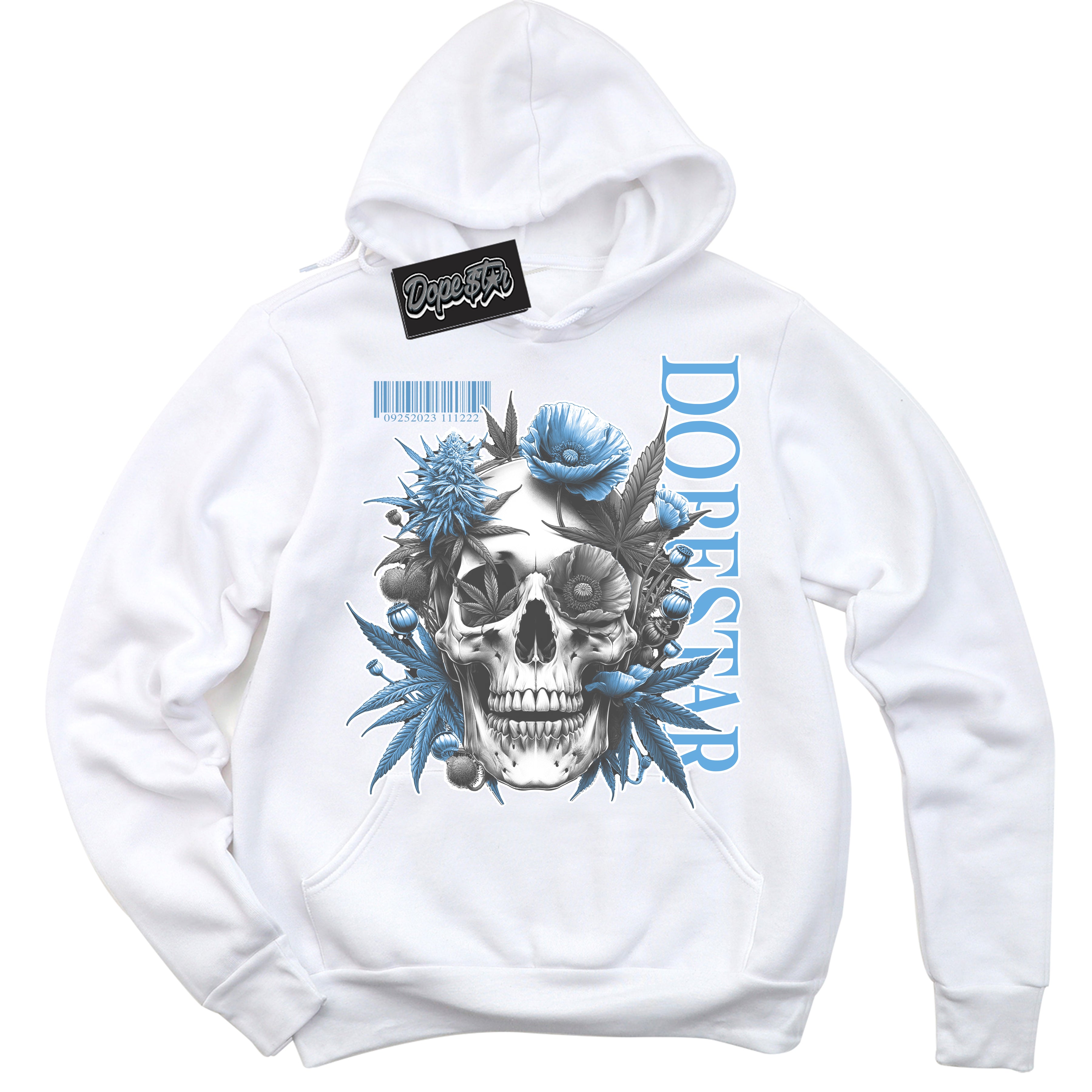 AJ1 Mid Legend Blue ‘Skull Poppies’ – White Streetwear Hoodie | Sneaker Matching sweatshirt for AJ1 Mid Legend Blue | Men's and Women's Streetwear Graphic Hoodie by Sneaker Shirts Outlet.
