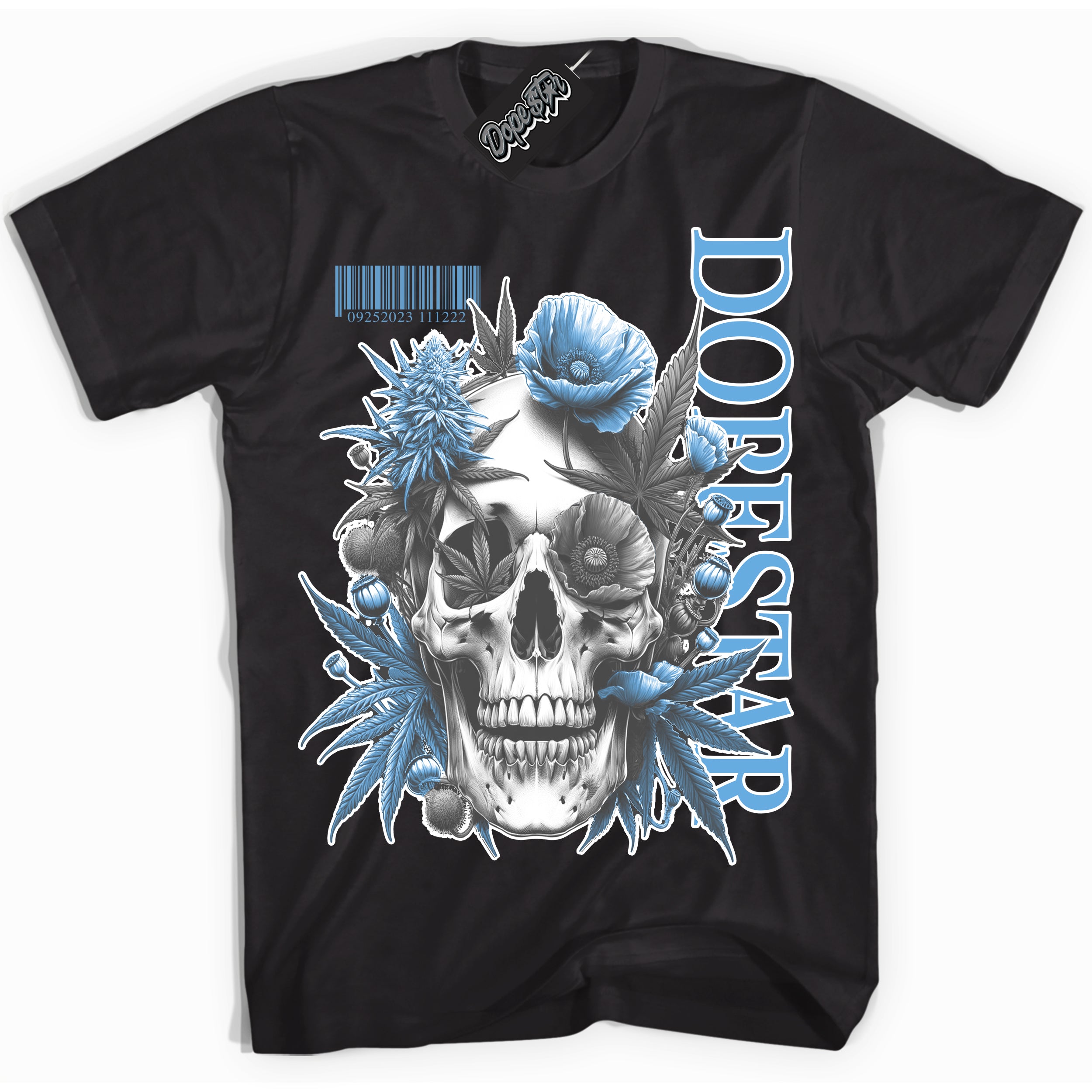 AJ1 Mid Legend Blue ‘Skull Poppies’ – Black Streetwear T-Shirt | Sneaker Matching shirt for AJ1 Mid Legend Blue | Men's and Women's Streetwear Graphic Tee by Sneaker Shirts Outlet.