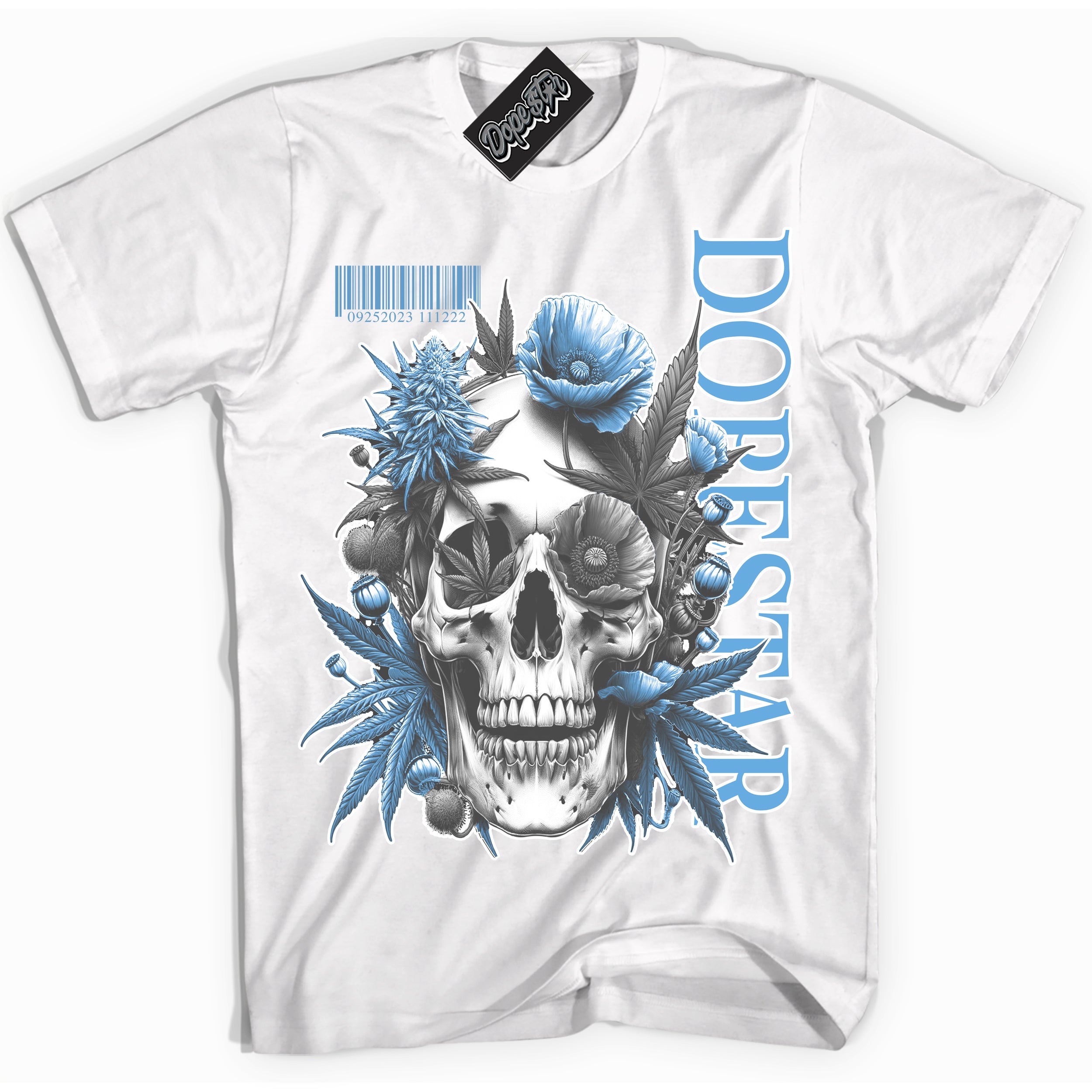 AJ1 Mid Legend Blue ‘Skull Poppies’ – White Streetwear T-Shirt | Sneaker Matching shirt for AJ1 Mid Legend Blue | Men's and Women's Streetwear Graphic Tee by Sneaker Shirts Outlet.