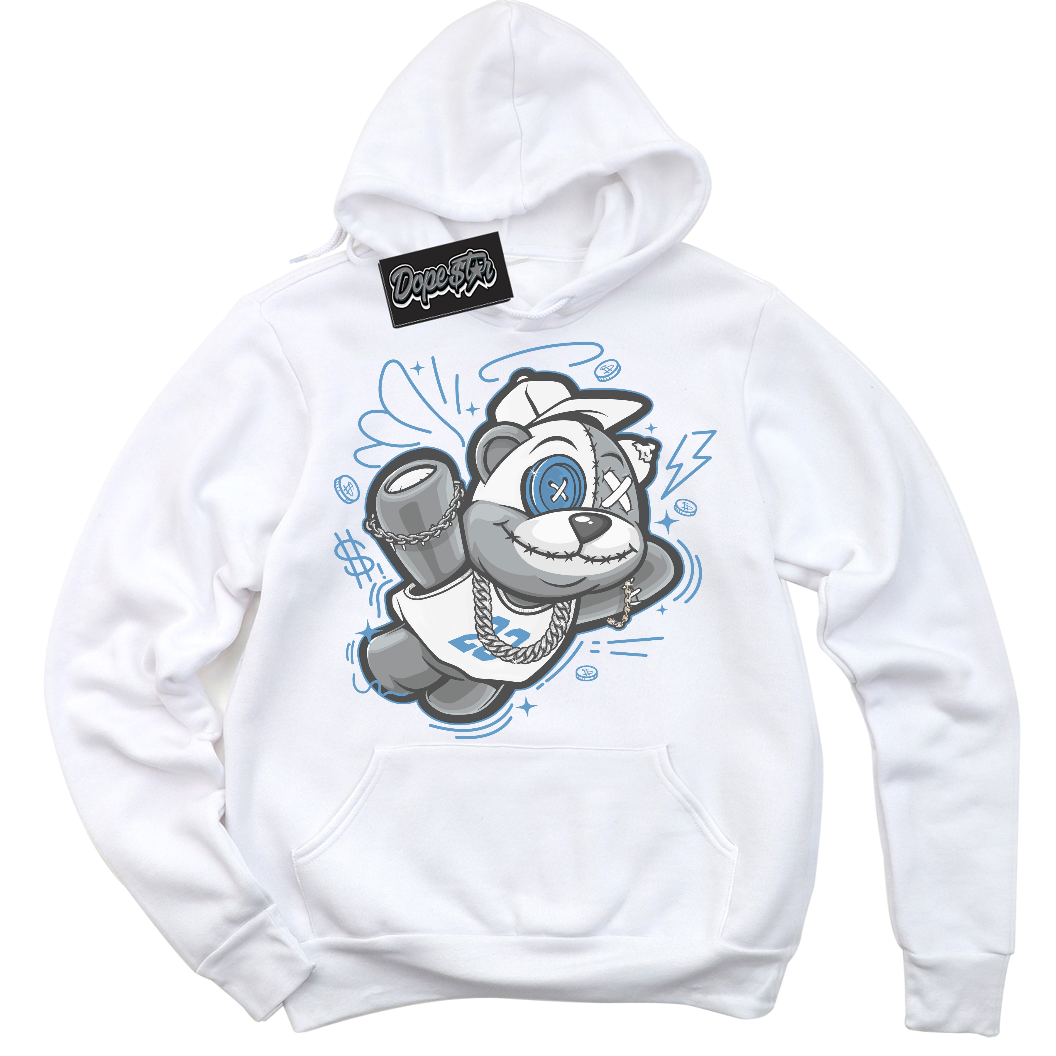 AJ1 Mid Legend Blue ‘Slam Dunk Bear’ – White Streetwear Hoodie | Sneaker Matching sweatshirt for AJ1 Mid Legend Blue | Men's and Women's Streetwear Graphic Hoodie by Sneaker Shirts Outlet.