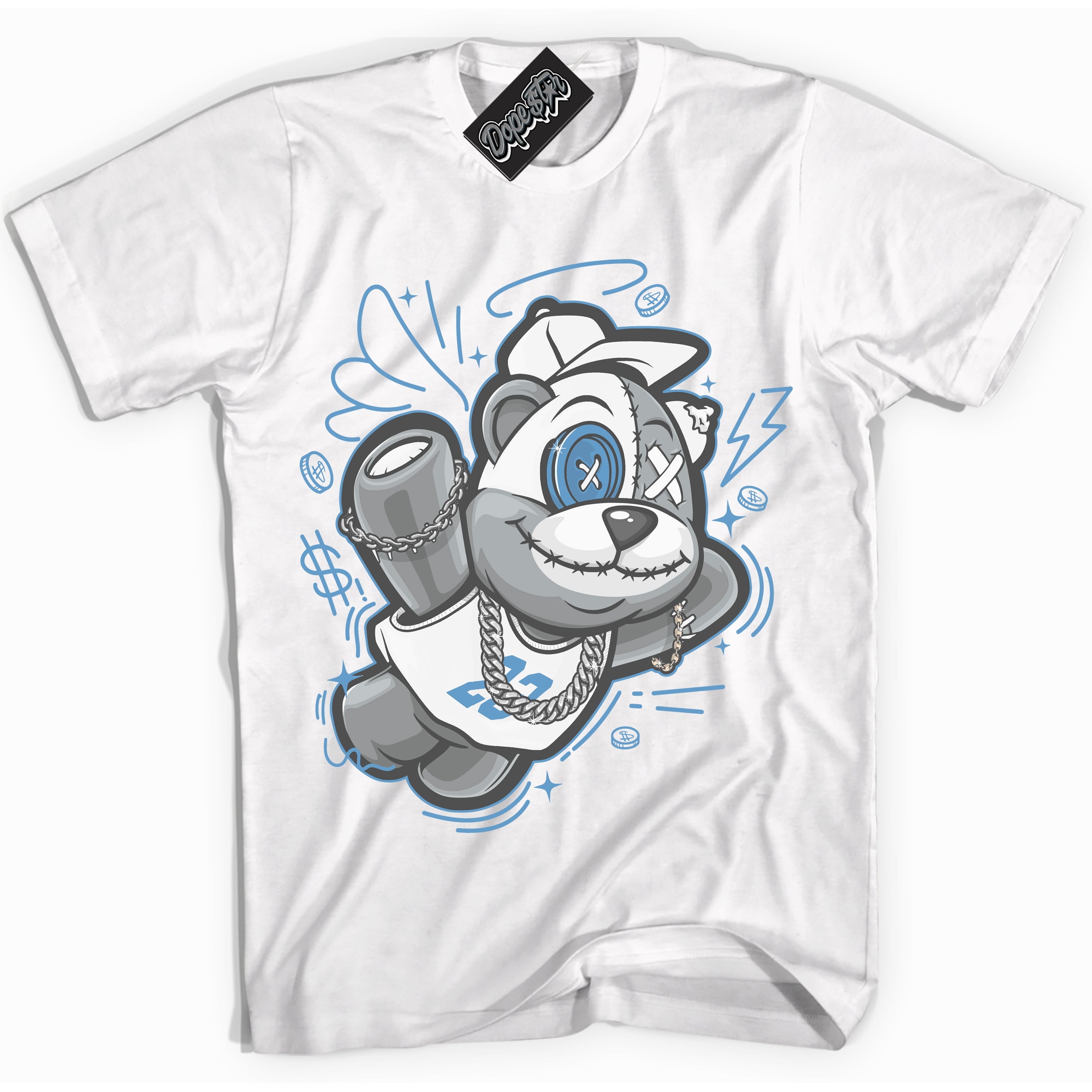 AJ1 Mid Legend Blue ‘Slam Dunk Bear’ – White Streetwear T-Shirt | Sneaker Matching shirt for AJ1 Mid Legend Blue | Men's and Women's Streetwear Graphic Tee by Sneaker Shirts Outlet.