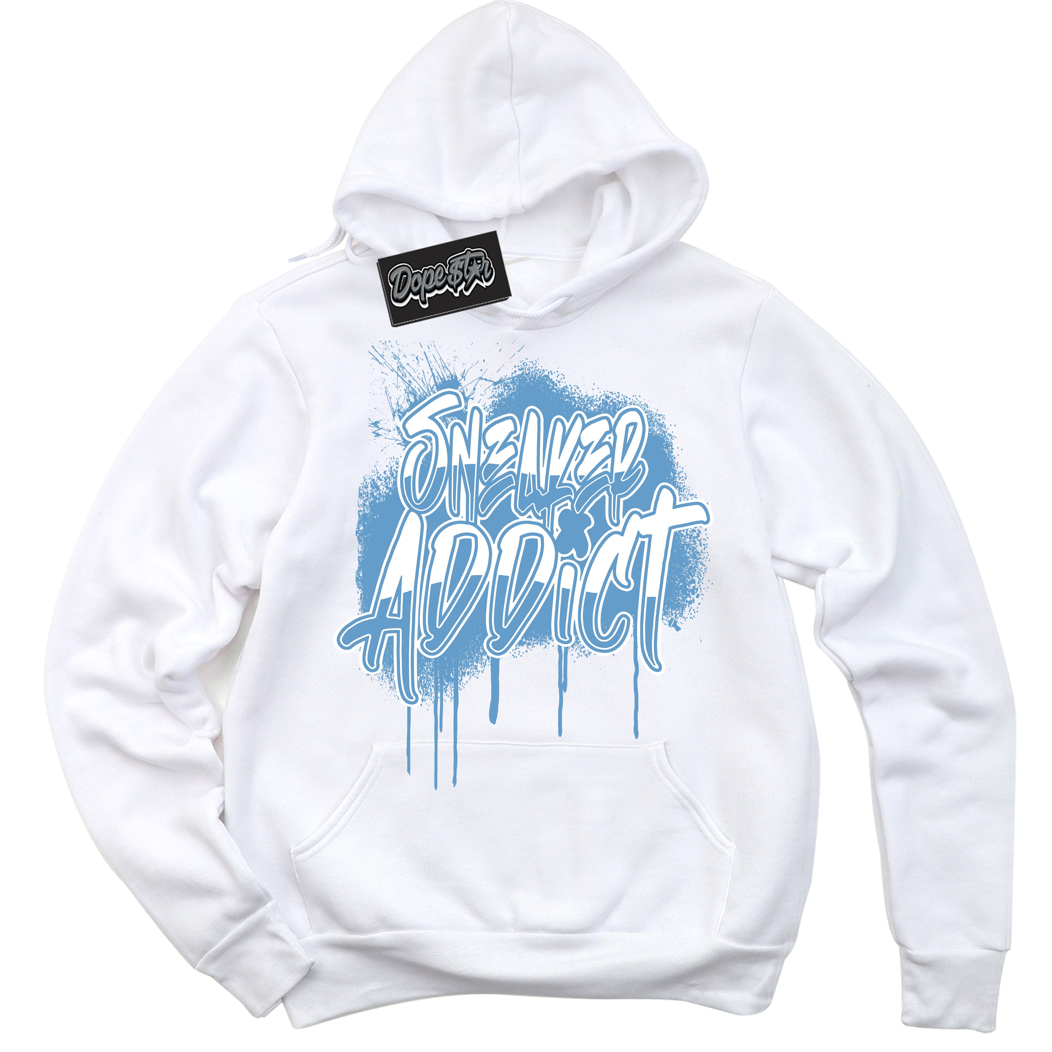 AJ1 Mid Legend Blue ‘Sneaker Addict’ – White Streetwear Hoodie | Sneaker Matching sweatshirt for AJ1 Mid Legend Blue | Men's and Women's Streetwear Graphic Hoodie by Sneaker Shirts Outlet.