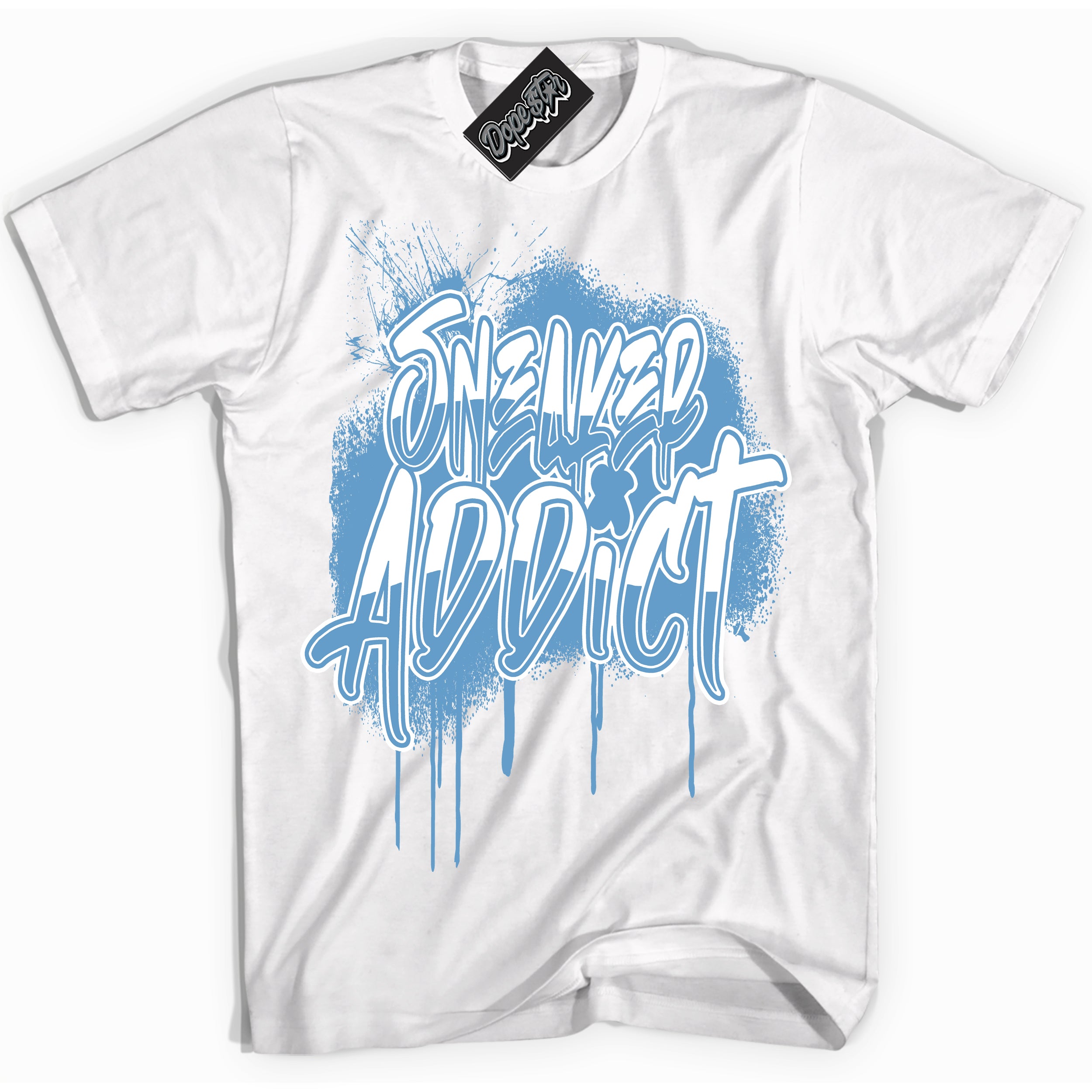 AJ1 Mid Legend Blue ‘Sneaker Addict’ – White Streetwear T-Shirt | Sneaker Matching shirt for AJ1 Mid Legend Blue | Men's and Women's Streetwear Graphic Tee by Sneaker Shirts Outlet.