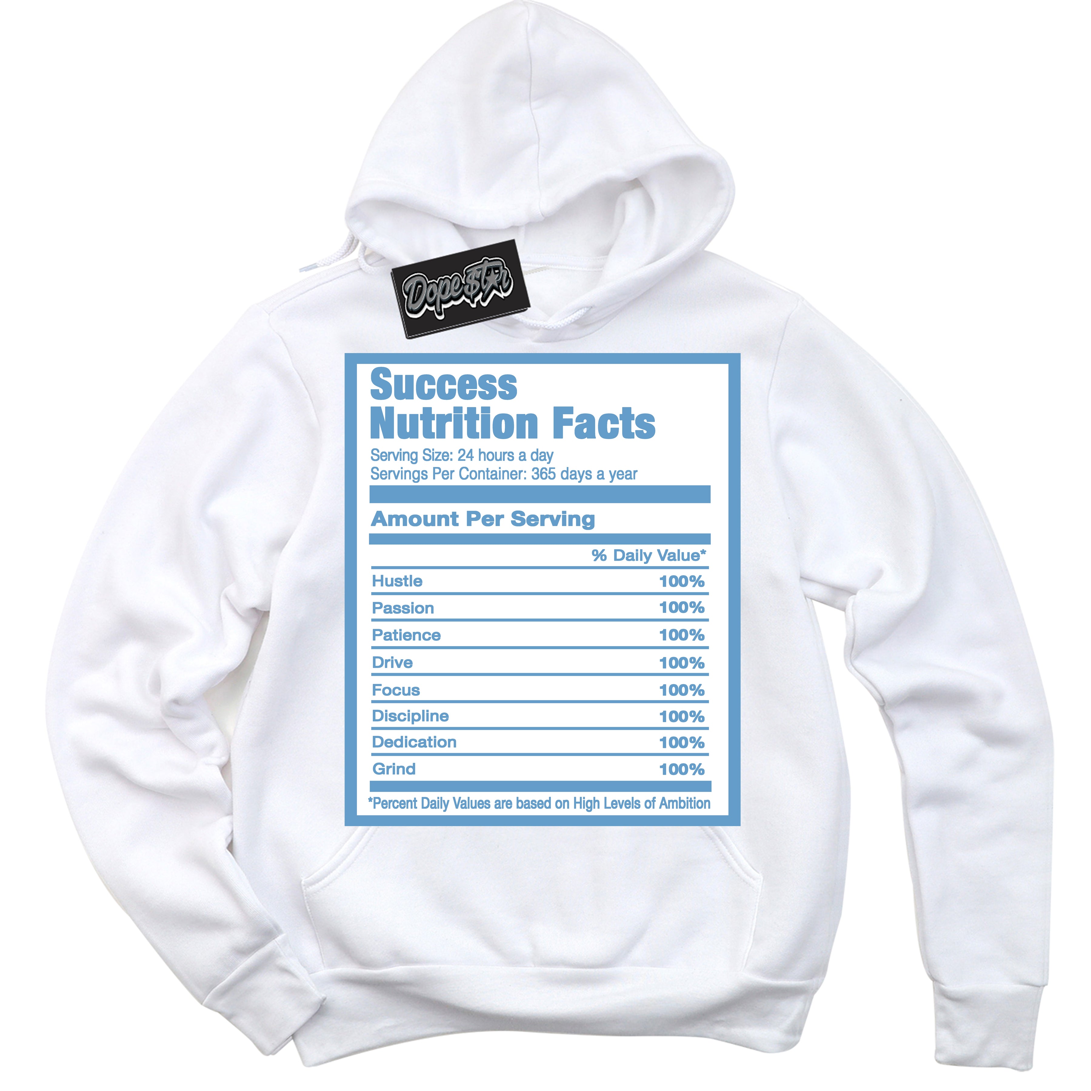 AJ1 Mid Legend Blue ‘Success Nutrition’ – White Streetwear Hoodie | Sneaker Matching sweatshirt for AJ1 Mid Legend Blue | Men's and Women's Streetwear Graphic Hoodie by Sneaker Shirts Outlet.