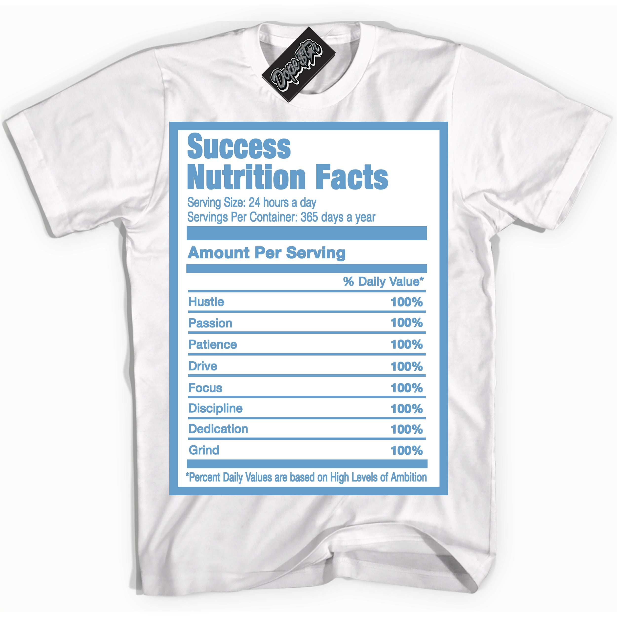 AJ1 Mid Legend Blue ‘Success Nutrition’ – White Streetwear T-Shirt | Sneaker Matching shirt for AJ1 Mid Legend Blue | Men's and Women's Streetwear Graphic Tee by Sneaker Shirts Outlet.