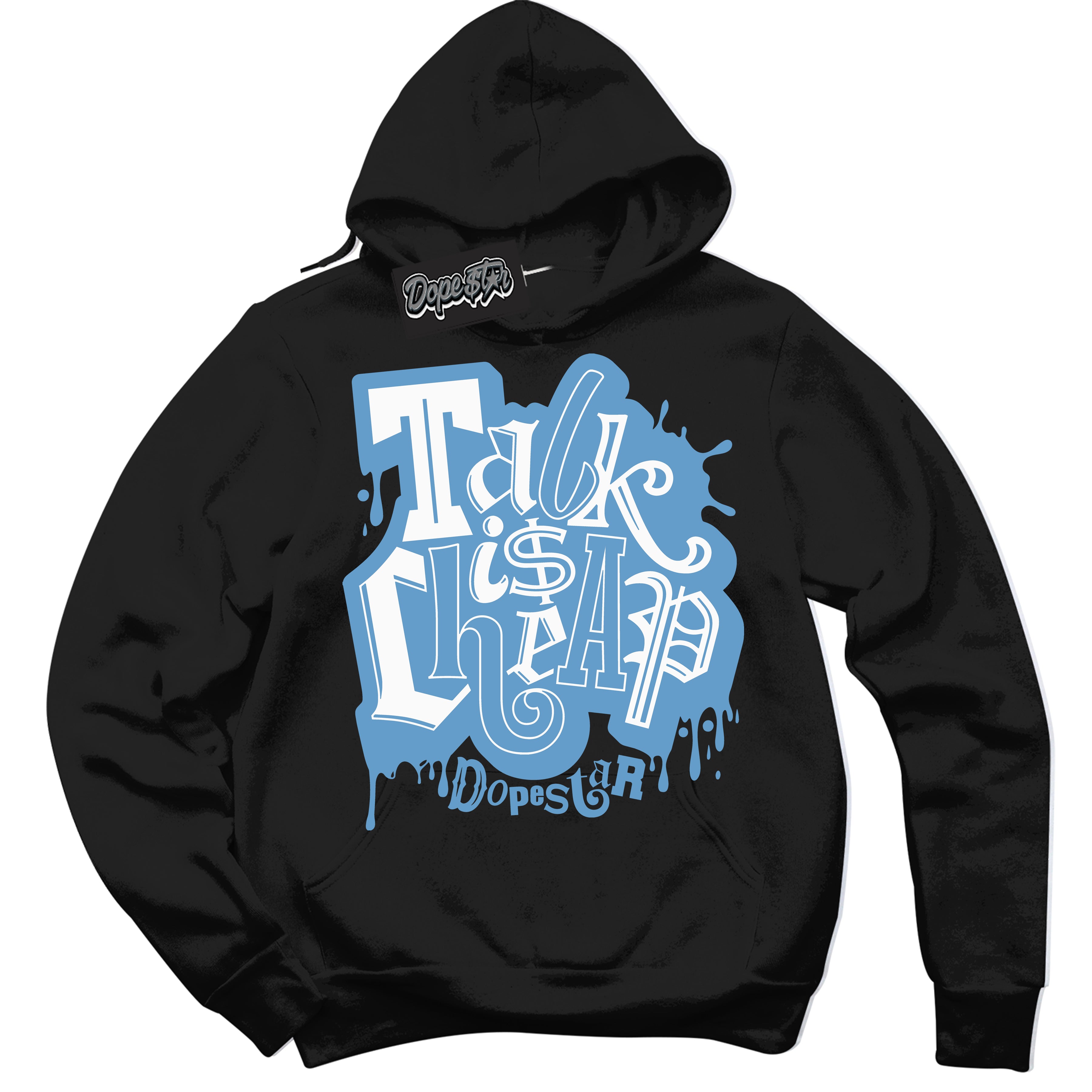 AJ1 Mid Legend Blue ‘Talk Is Cheap’ – Black Streetwear Hoodie | Sneaker Matching sweatshirt for AJ1 Mid Legend Blue | Men's and Women's Streetwear Graphic Hoodie by Sneaker Shirts Outlet.