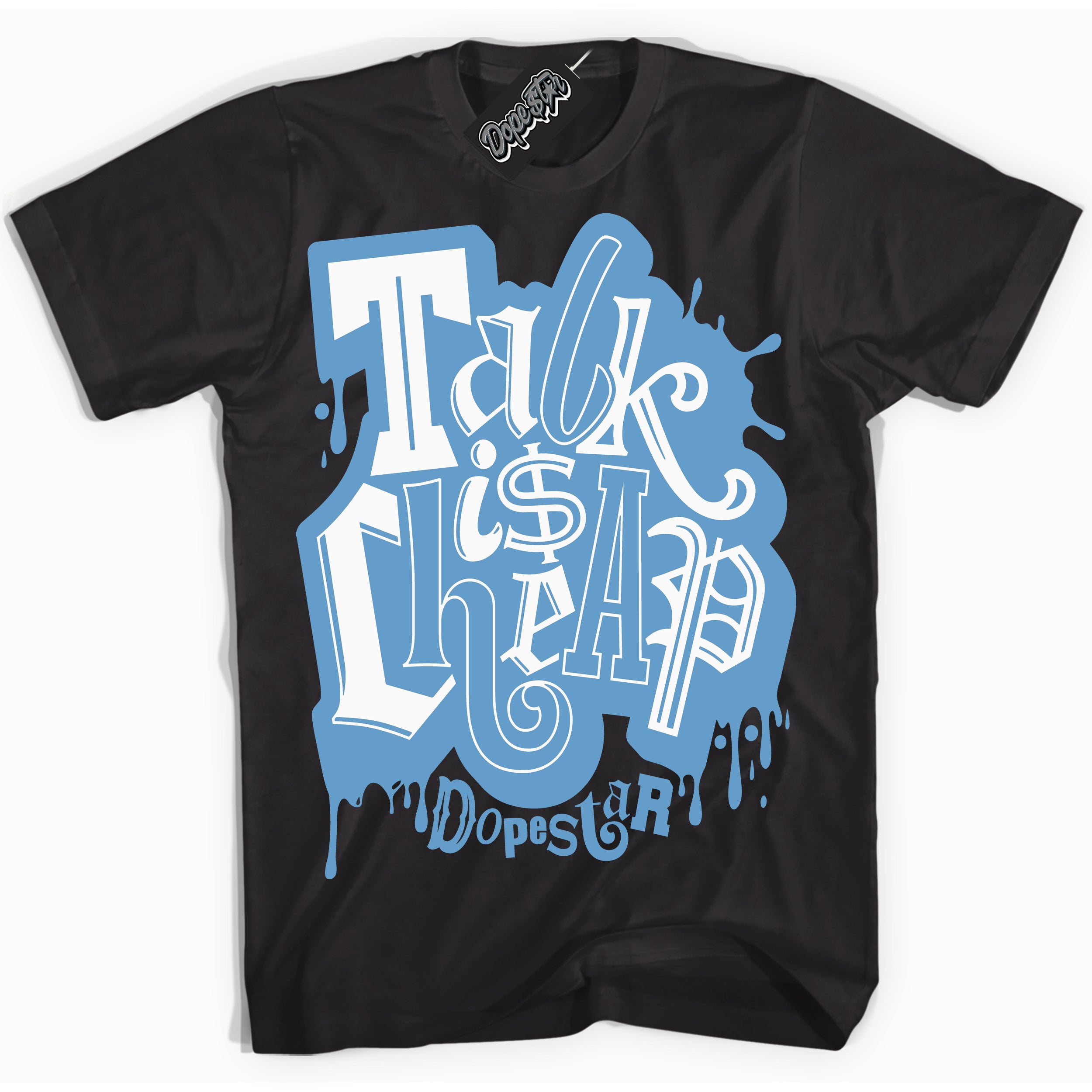 AJ1 Mid Legend Blue ‘Talk Is Cheap’ – Black Streetwear T-Shirt | Sneaker Matching shirt for AJ1 Mid Legend Blue | Men's and Women's Streetwear Graphic Tee by Sneaker Shirts Outlet.