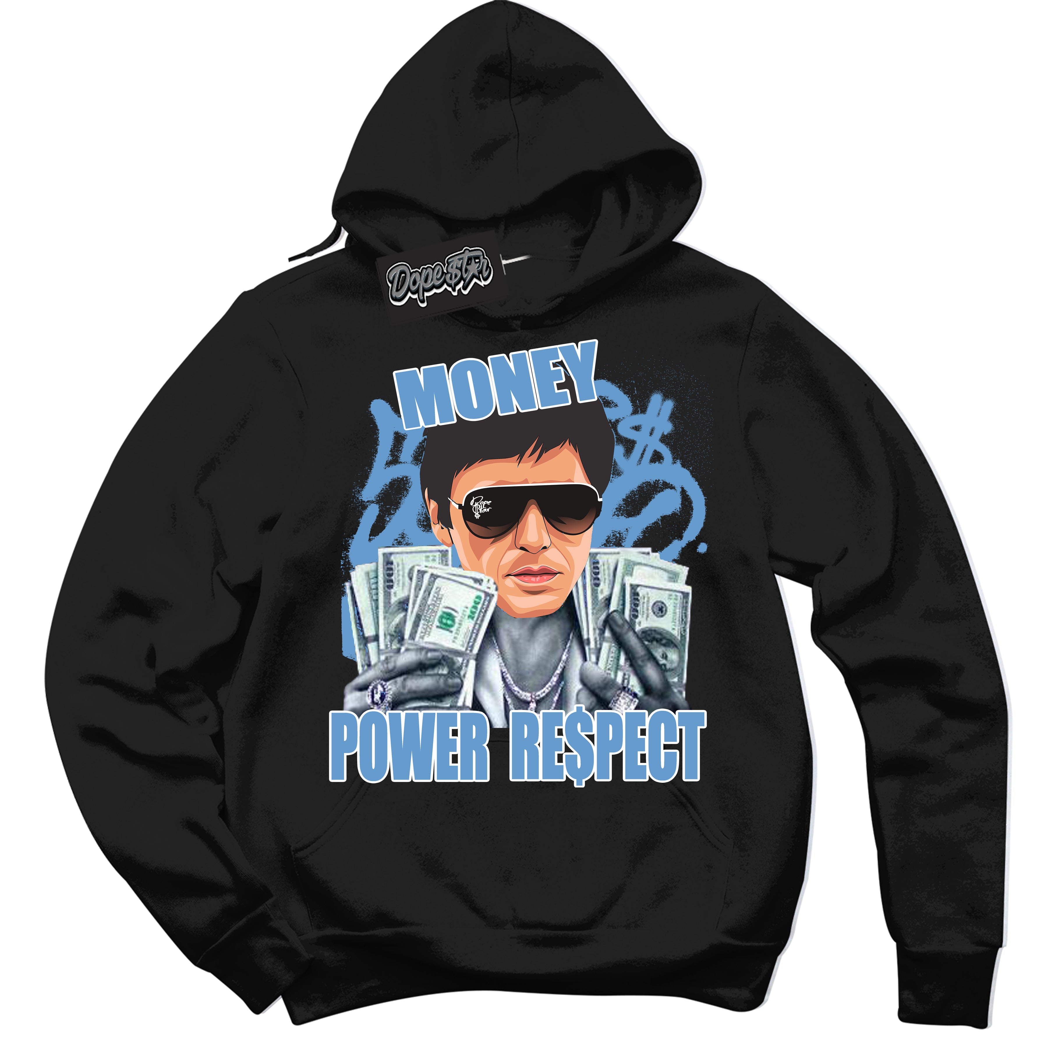 AJ1 Mid Legend Blue ‘Tony Montana’ – Black Streetwear Hoodie | Sneaker Matching sweatshirt for AJ1 Mid Legend Blue | Men's and Women's Streetwear Graphic Hoodie by Sneaker Shirts Outlet.
