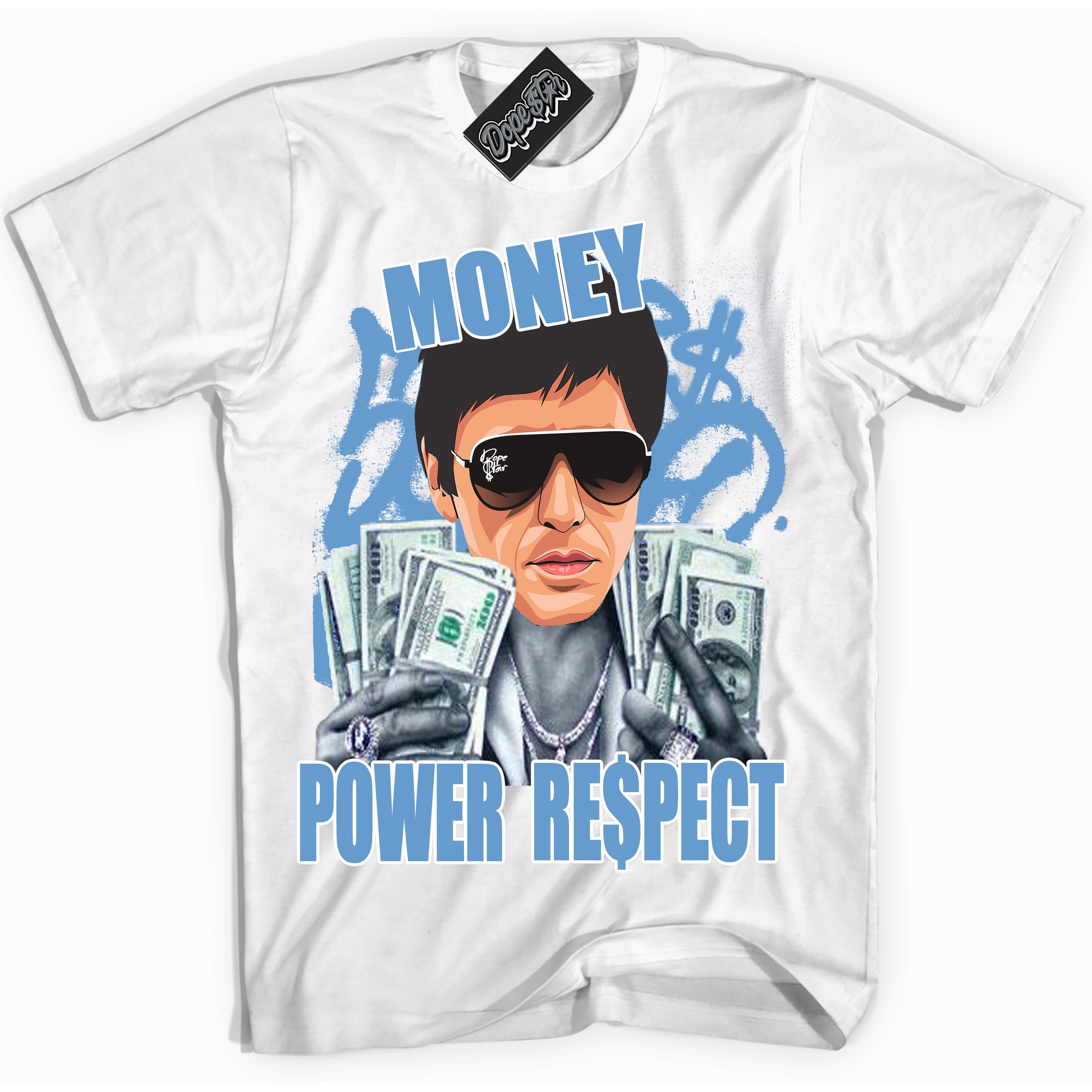 AJ1 Mid Legend Blue ‘Tony Montana’ – White Streetwear T-Shirt | Sneaker Matching shirt for AJ1 Mid Legend Blue | Men's and Women's Streetwear Graphic Tee by Sneaker Shirts Outlet.