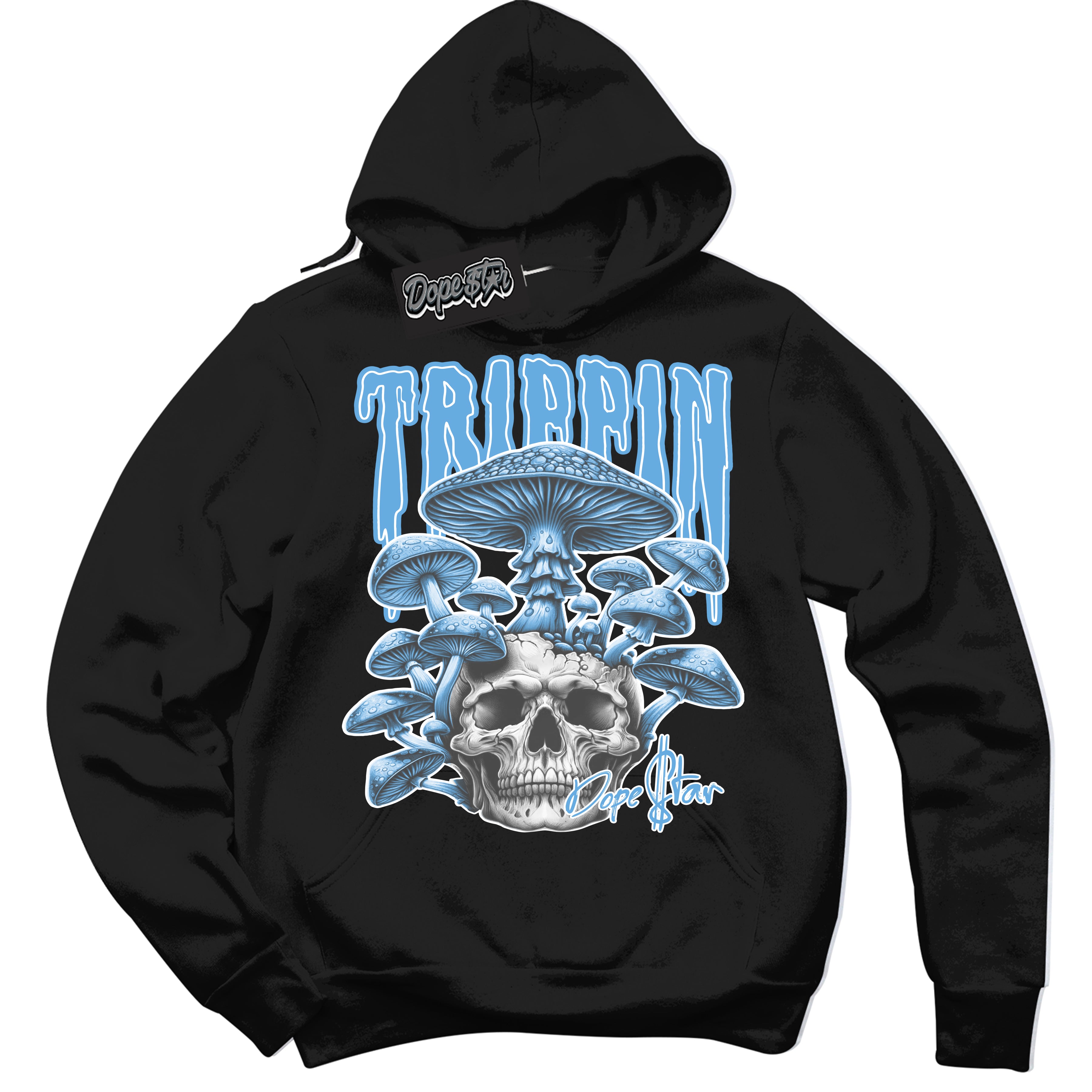 AJ1 Mid Legend Blue ‘Trippin’ – Black Streetwear Hoodie | Sneaker Matching sweatshirt for AJ1 Mid Legend Blue | Men's and Women's Streetwear Graphic Hoodie by Sneaker Shirts Outlet.