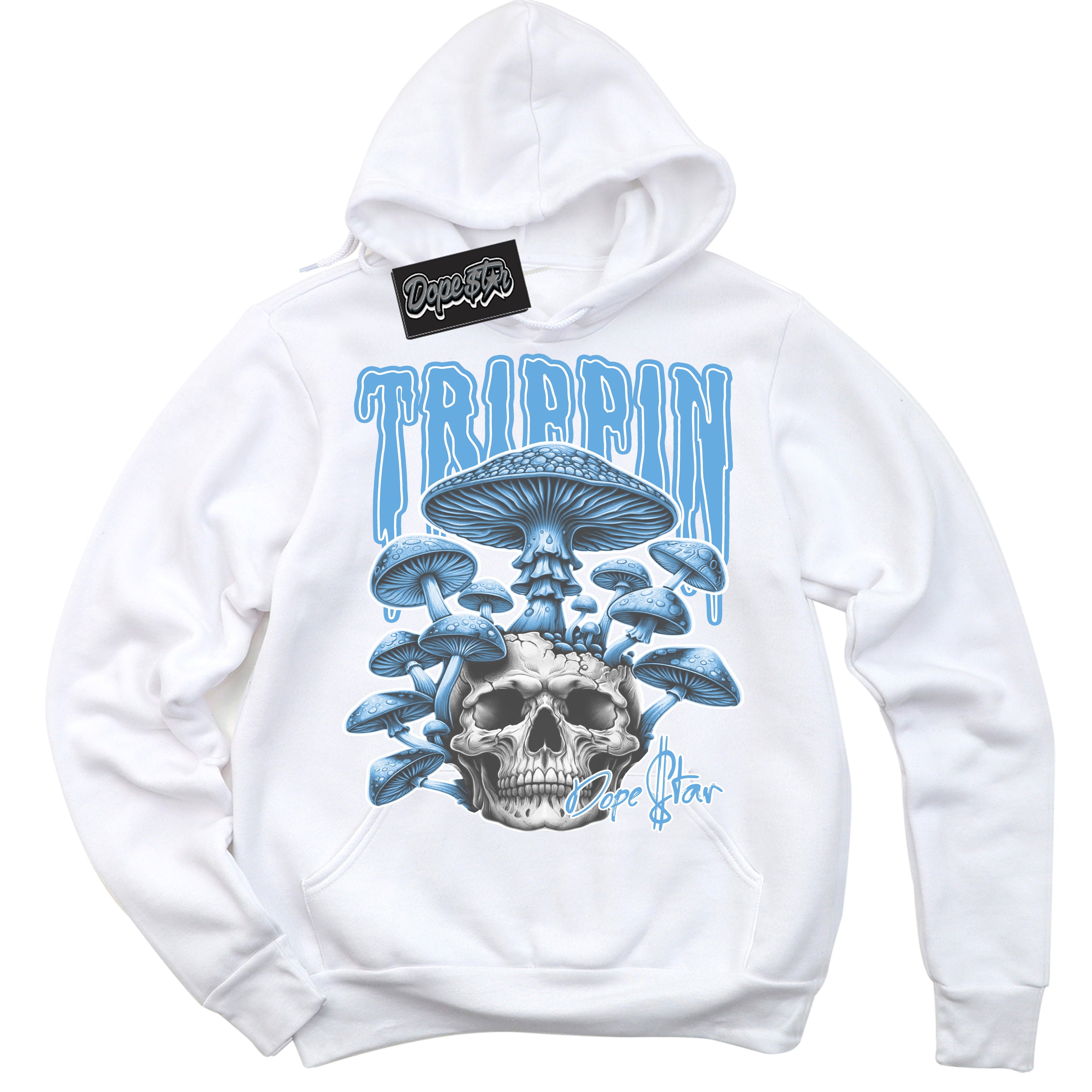 AJ1 Mid Legend Blue ‘Trippin’ – White Streetwear Hoodie | Sneaker Matching sweatshirt for AJ1 Mid Legend Blue | Men's and Women's Streetwear Graphic Hoodie by Sneaker Shirts Outlet.