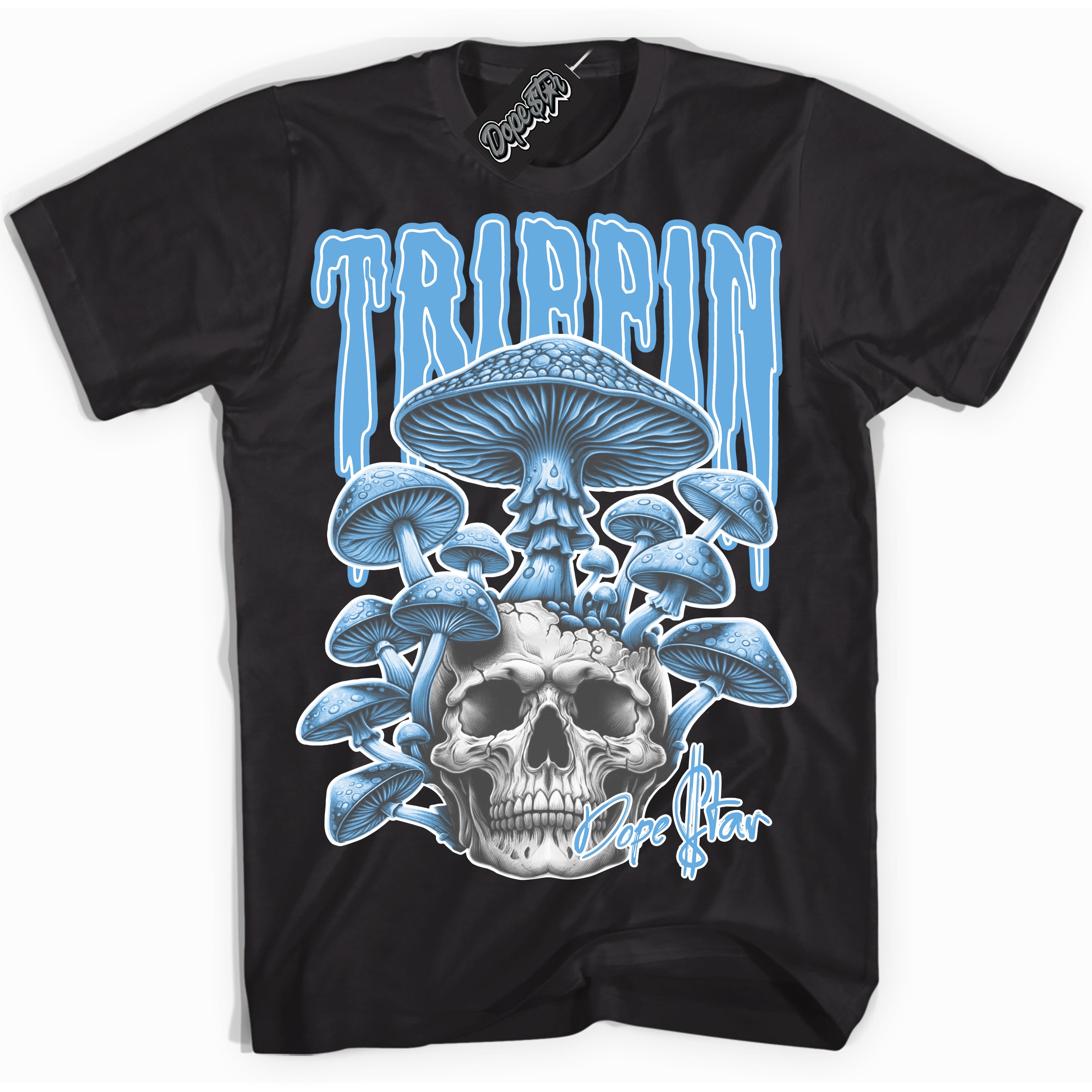 AJ1 Mid Legend Blue ‘Trippin’ – Black Streetwear T-Shirt | Sneaker Matching shirt for AJ1 Mid Legend Blue | Men's and Women's Streetwear Graphic Tee by Sneaker Shirts Outlet.