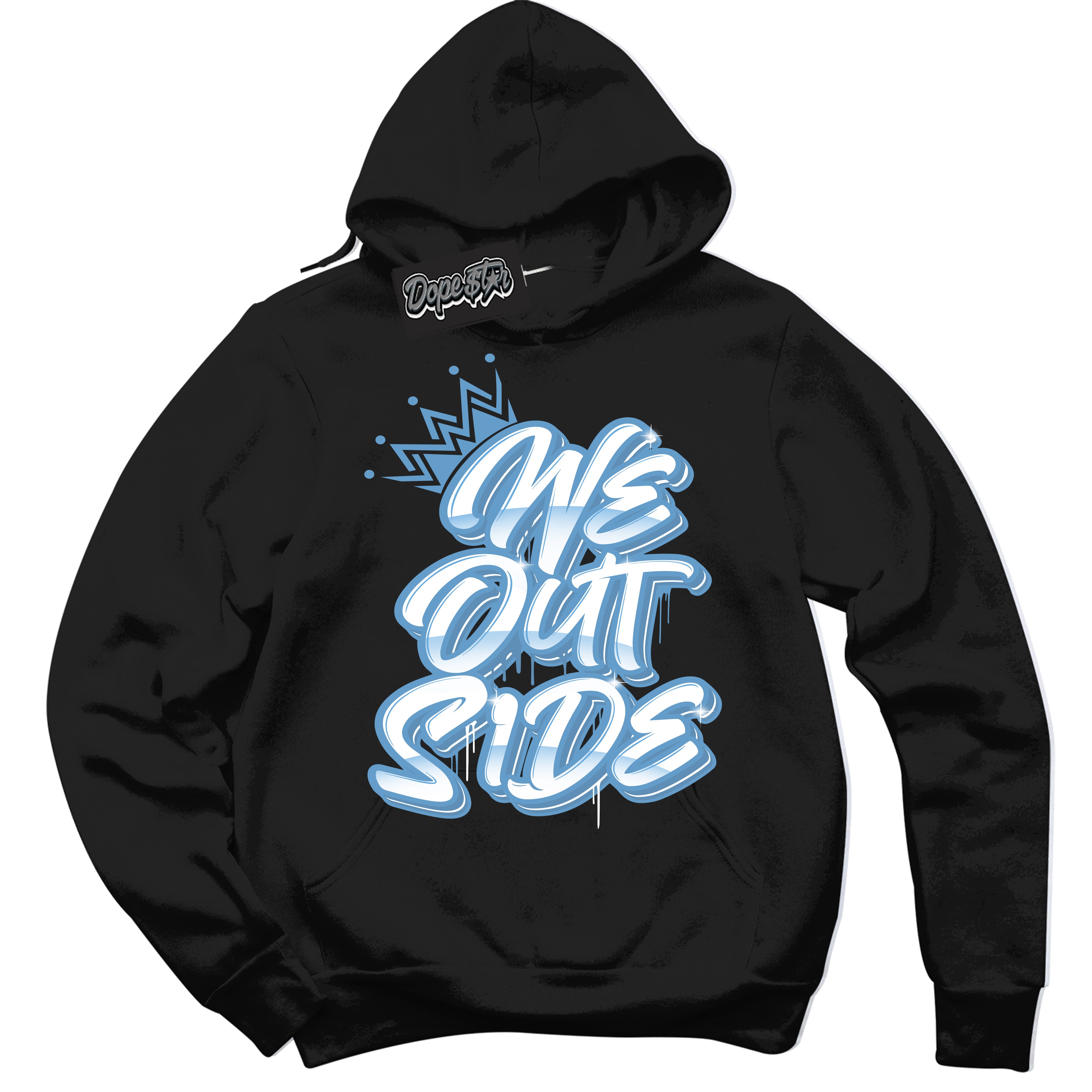 AJ1 Mid Legend Blue ‘We Outside’ – Black Streetwear Hoodie | Sneaker Matching sweatshirt for AJ1 Mid Legend Blue | Men's and Women's Streetwear Graphic Hoodie by Sneaker Shirts Outlet.