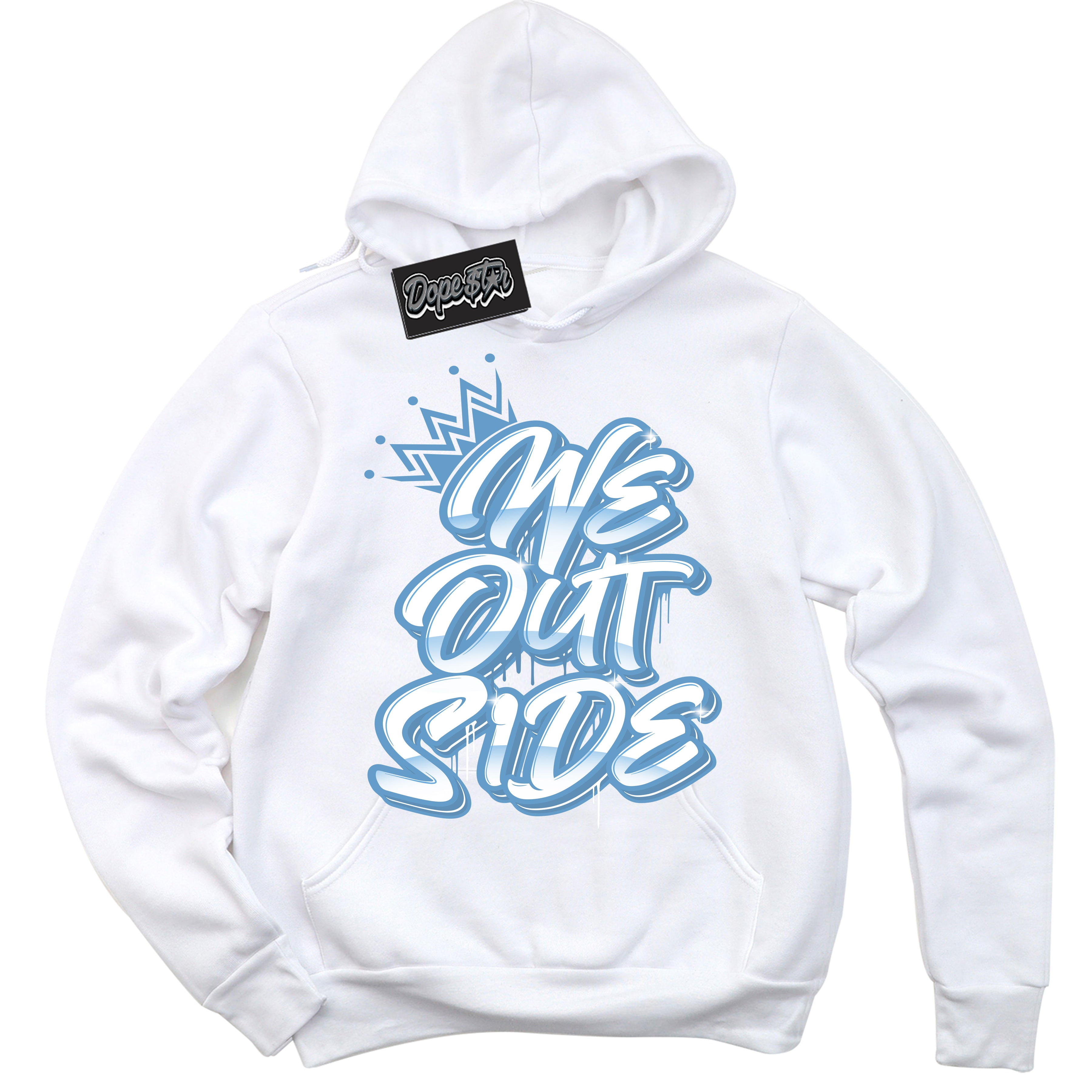 AJ1 Mid Legend Blue ‘We Outside’ – White Streetwear Hoodie | Sneaker Matching sweatshirt for AJ1 Mid Legend Blue | Men's and Women's Streetwear Graphic Hoodie by Sneaker Shirts Outlet.