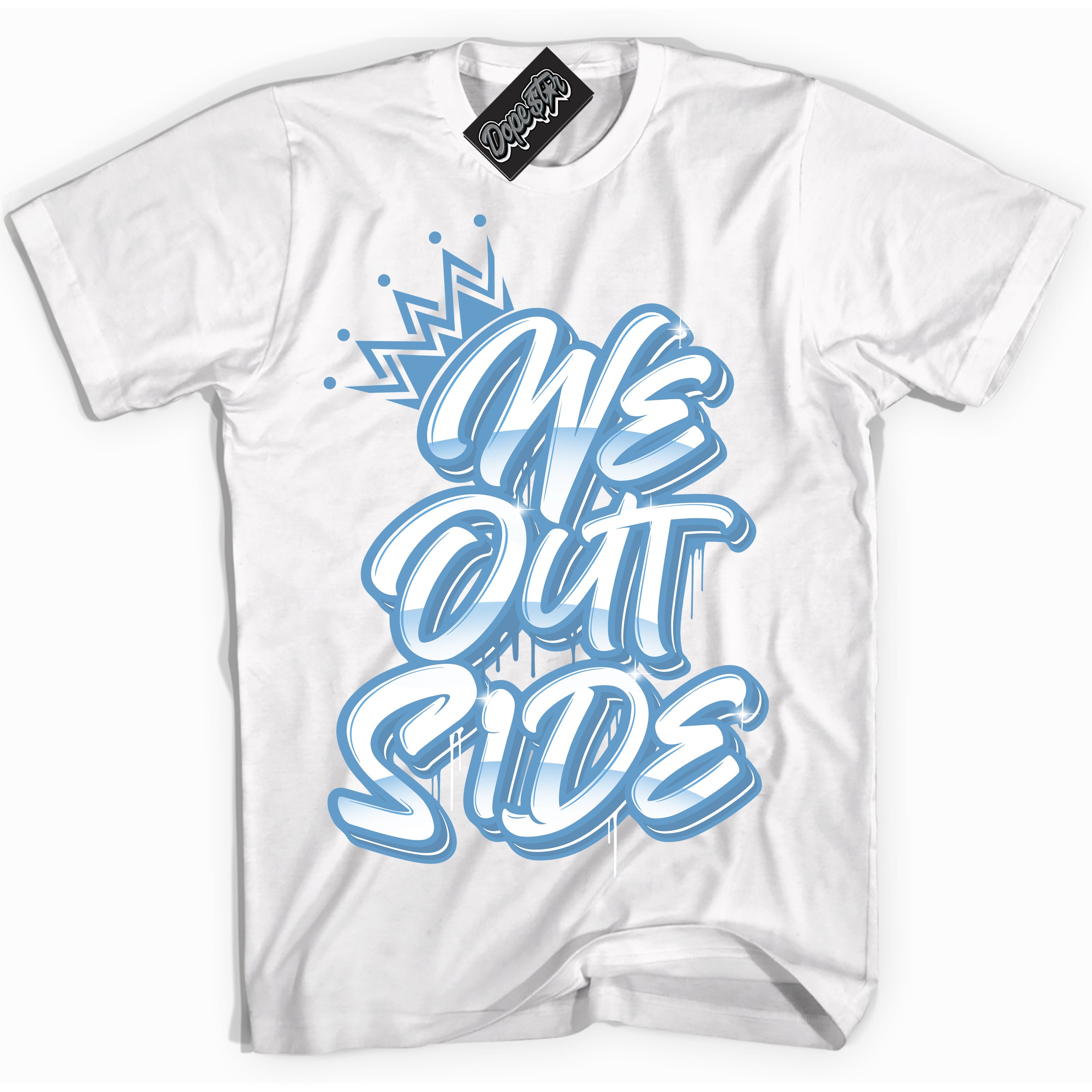 AJ1 Mid Legend Blue ‘We Outside’ – White Streetwear T-Shirt | Sneaker Matching shirt for AJ1 Mid Legend Blue | Men's and Women's Streetwear Graphic Tee by Sneaker Shirts Outlet.