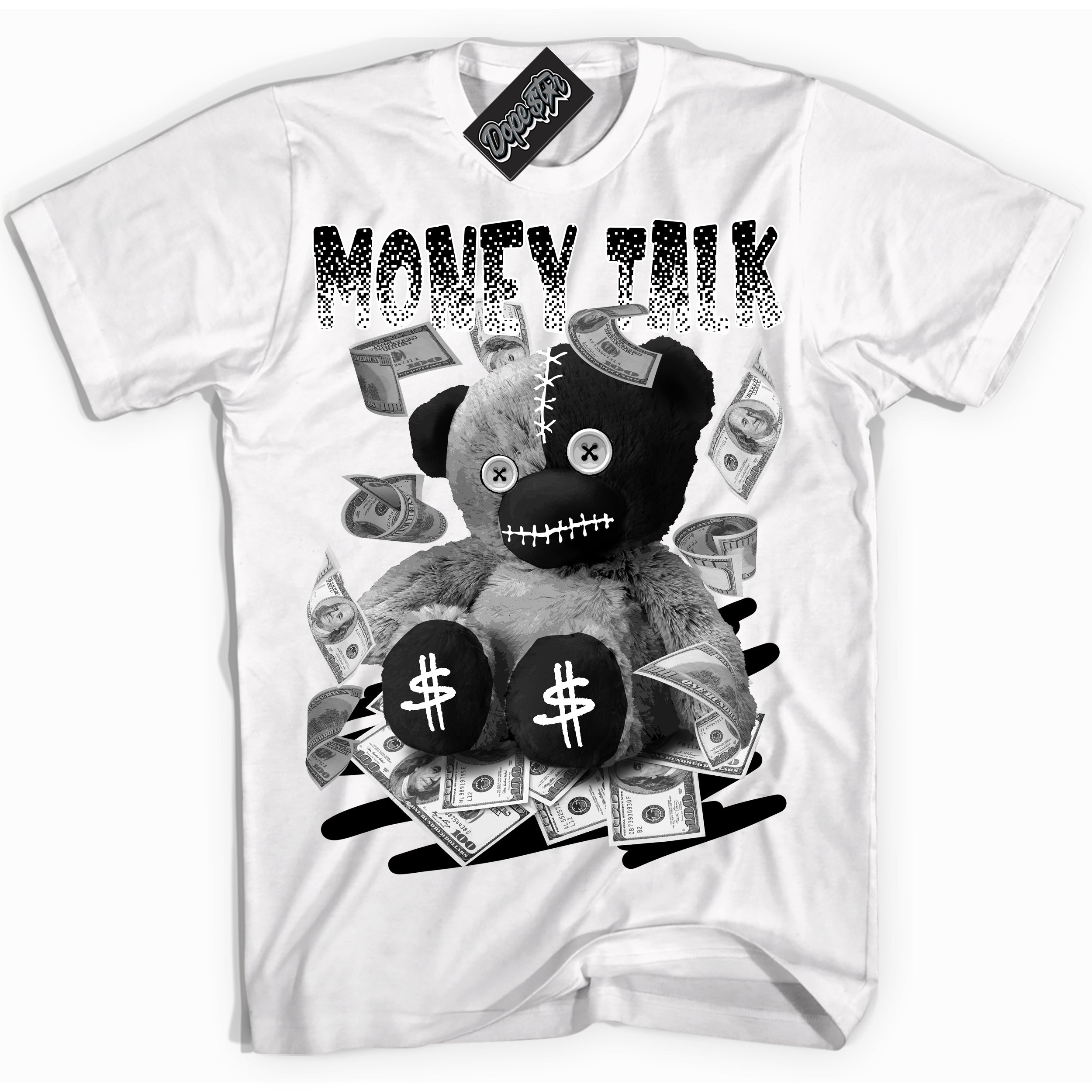 AJ1 Mid Off Noir Toe ‘Money Talk Bear’ – White Streetwear T-Shirt | Sneaker Matching shirt for AJ1 Mid Off Noir Toe | Men's and Women's Streetwear Graphic Tee by Sneaker Shirts Outlet.
