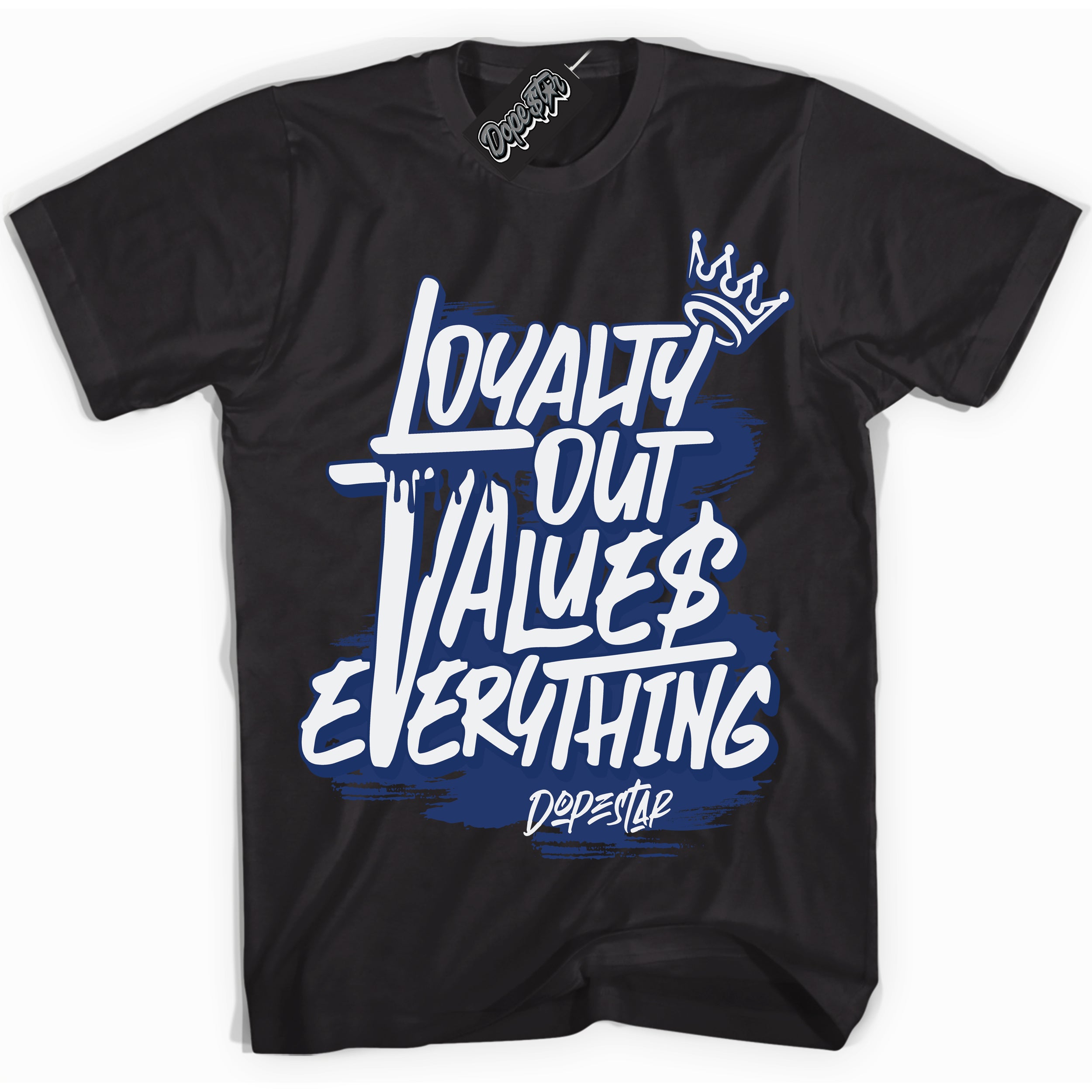Cool Black Shirt with “ Loyalty Out Values Everything” design that perfectly matches AJKO Low Kentucky 1s Sneakers.