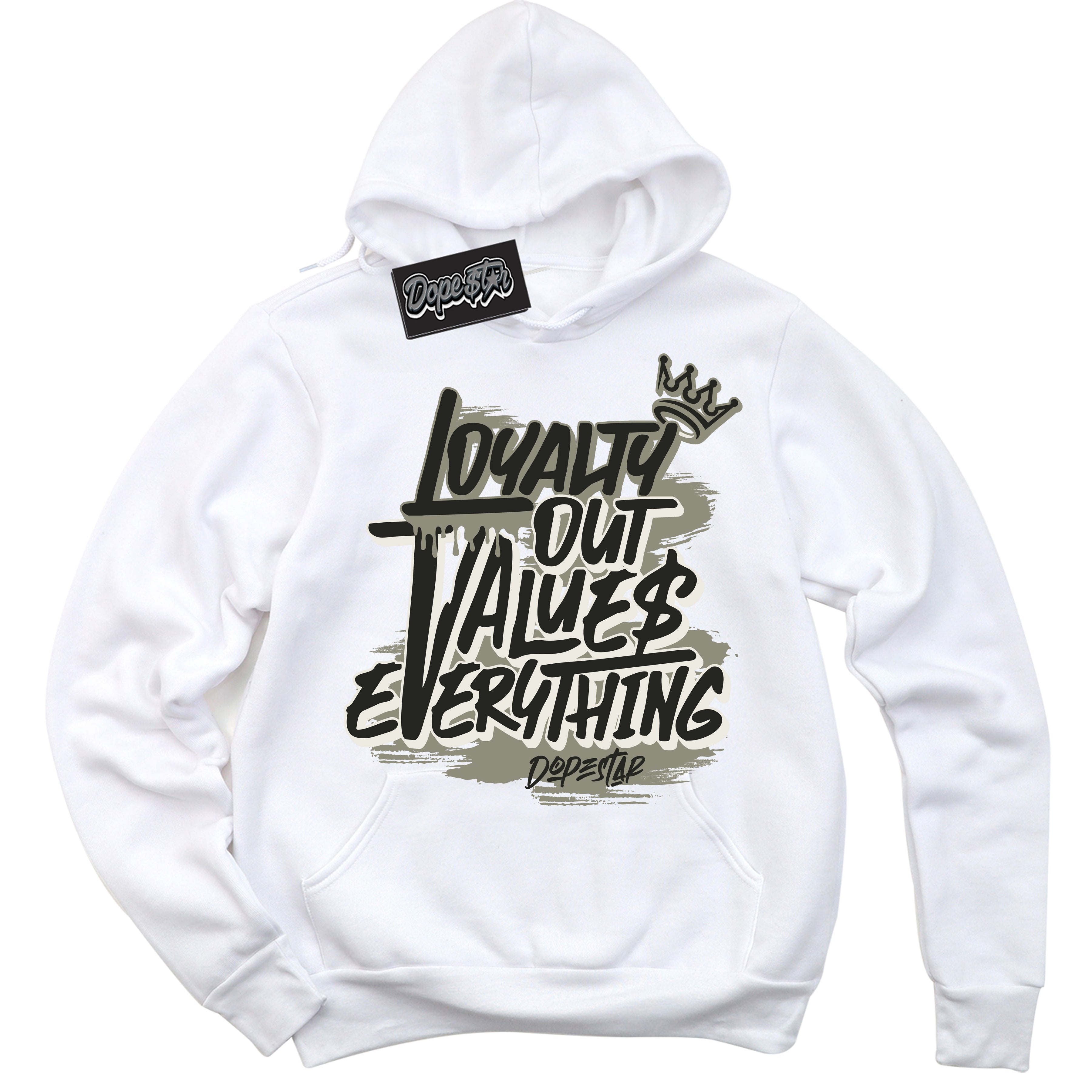 Cool White Hoodie with “ Loyalty Out Values Everything ” design that Perfectly Matches AJKO Shadow 1s Sneakers.