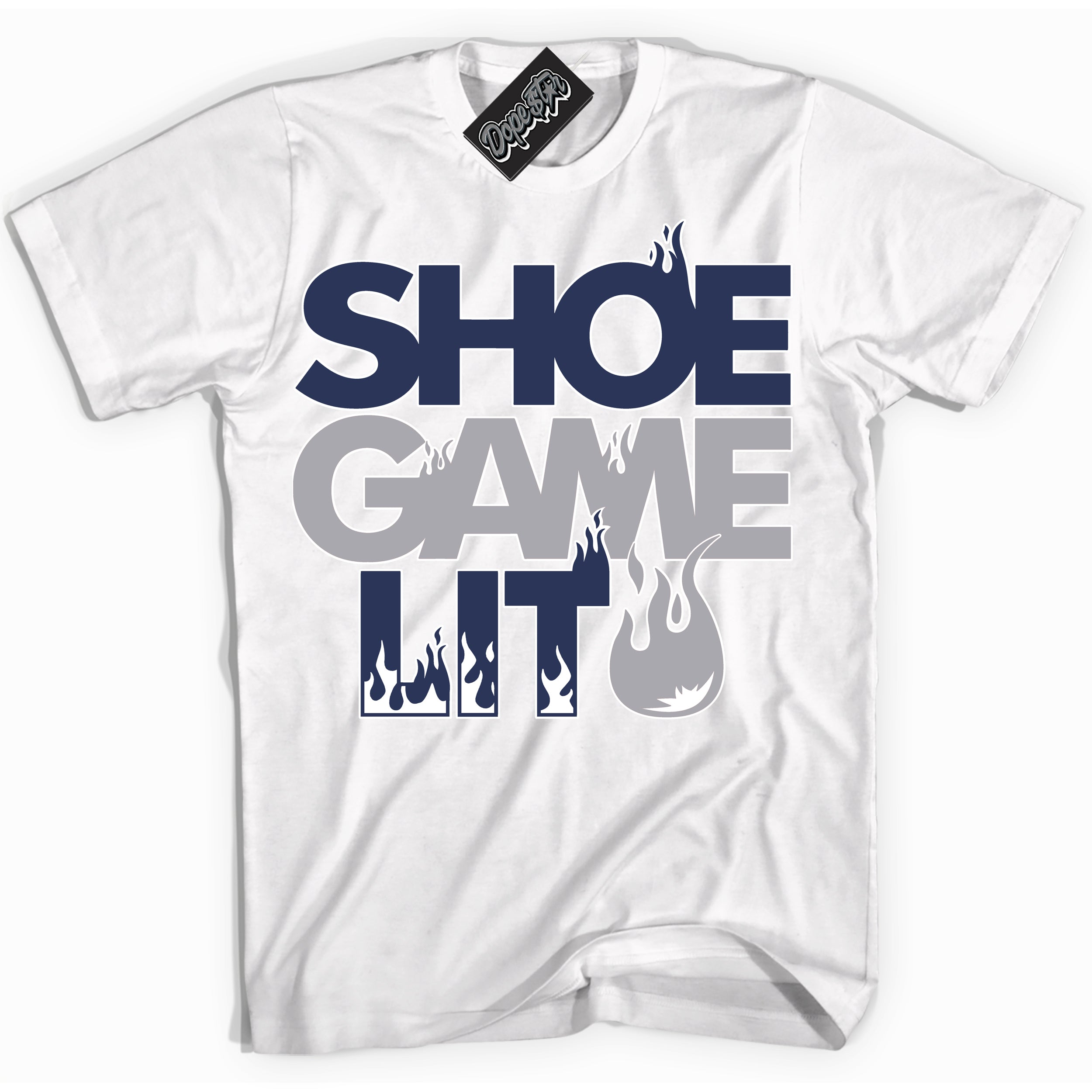 Cool White Shirt with “ Shoe Game Lit ” design that perfectly matches Golf Patent Midnight Navy 1s Sneakers.