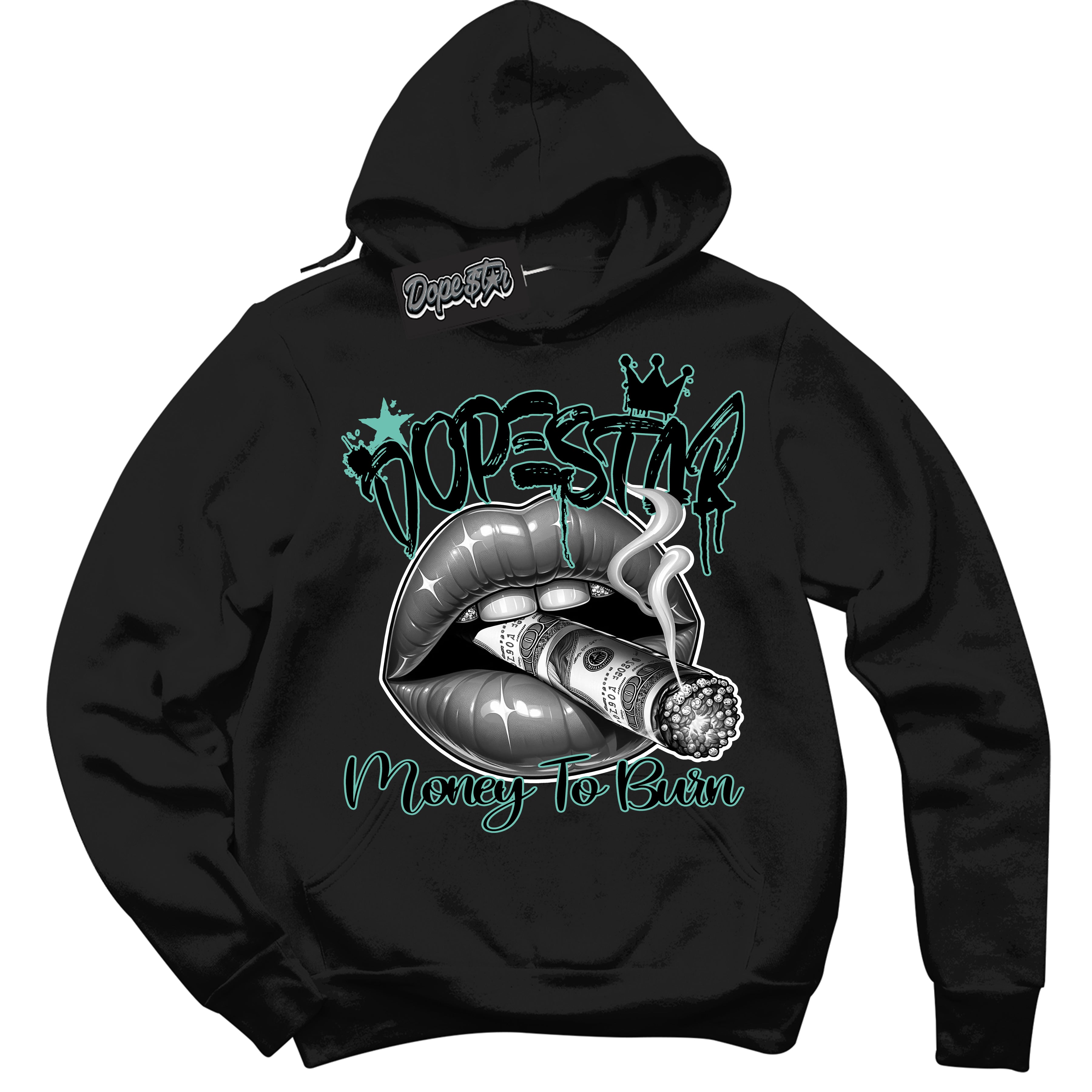 Cool Black Hoodie with “ Money To Burn ” design that Perfectly Matches Green Glow 1s Sneakers.