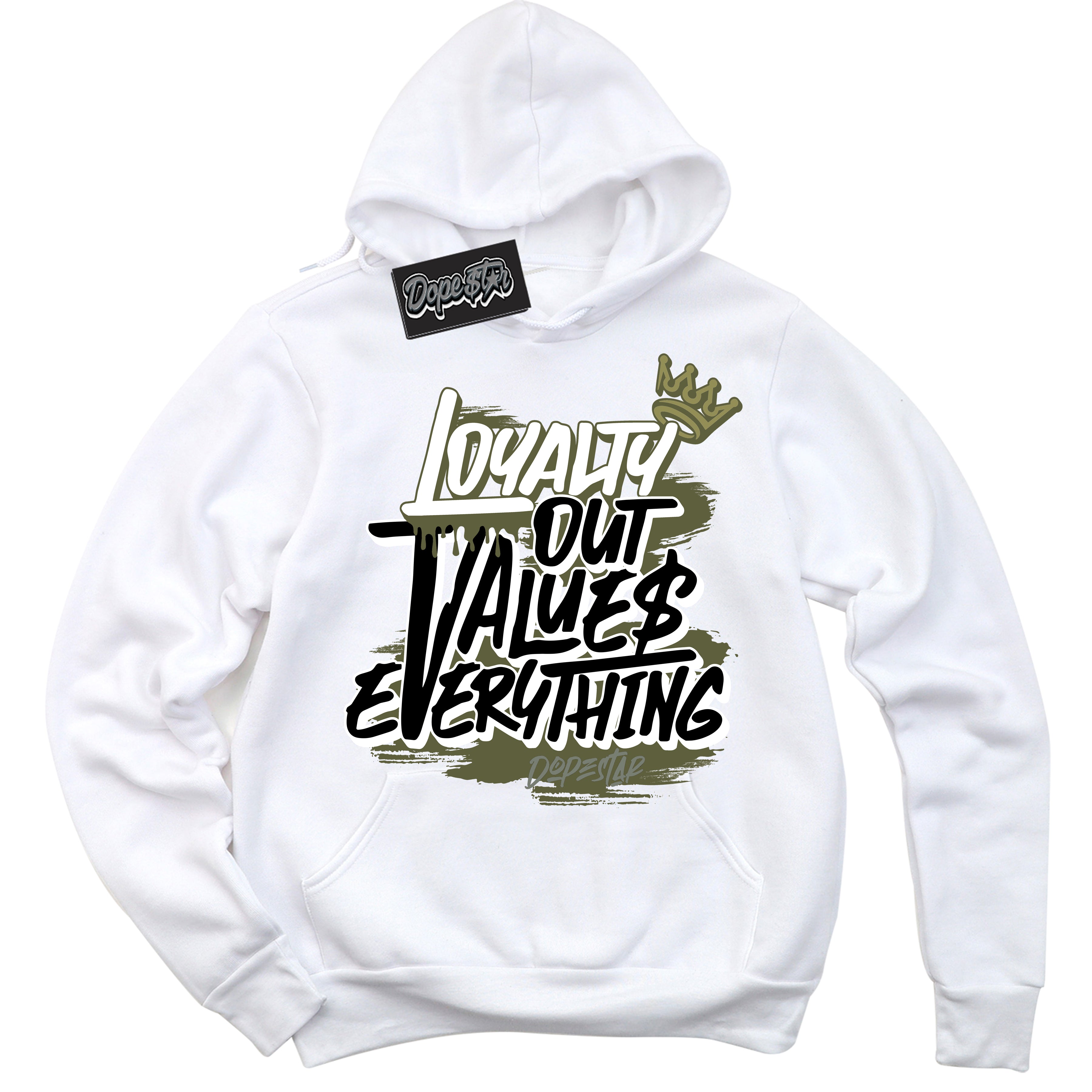 Cool White Hoodie with “ Loyalty Out Values Everything ”  design that Perfectly Matches Craft Olive 4s Sneakers.