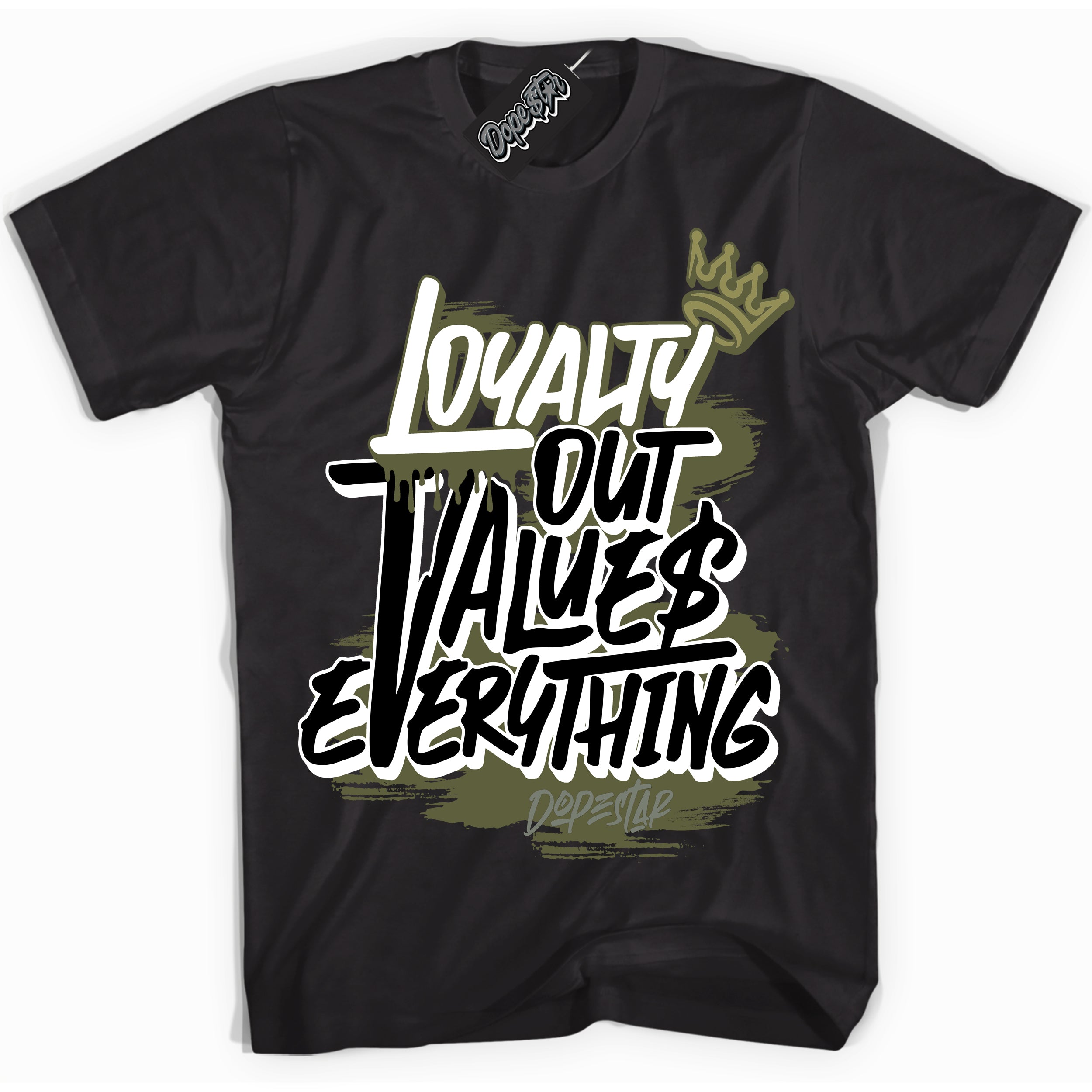 Cool Black Shirt with “ Loyalty Out Values Everything” design that perfectly matches Craft Olive 4s Sneakers.
