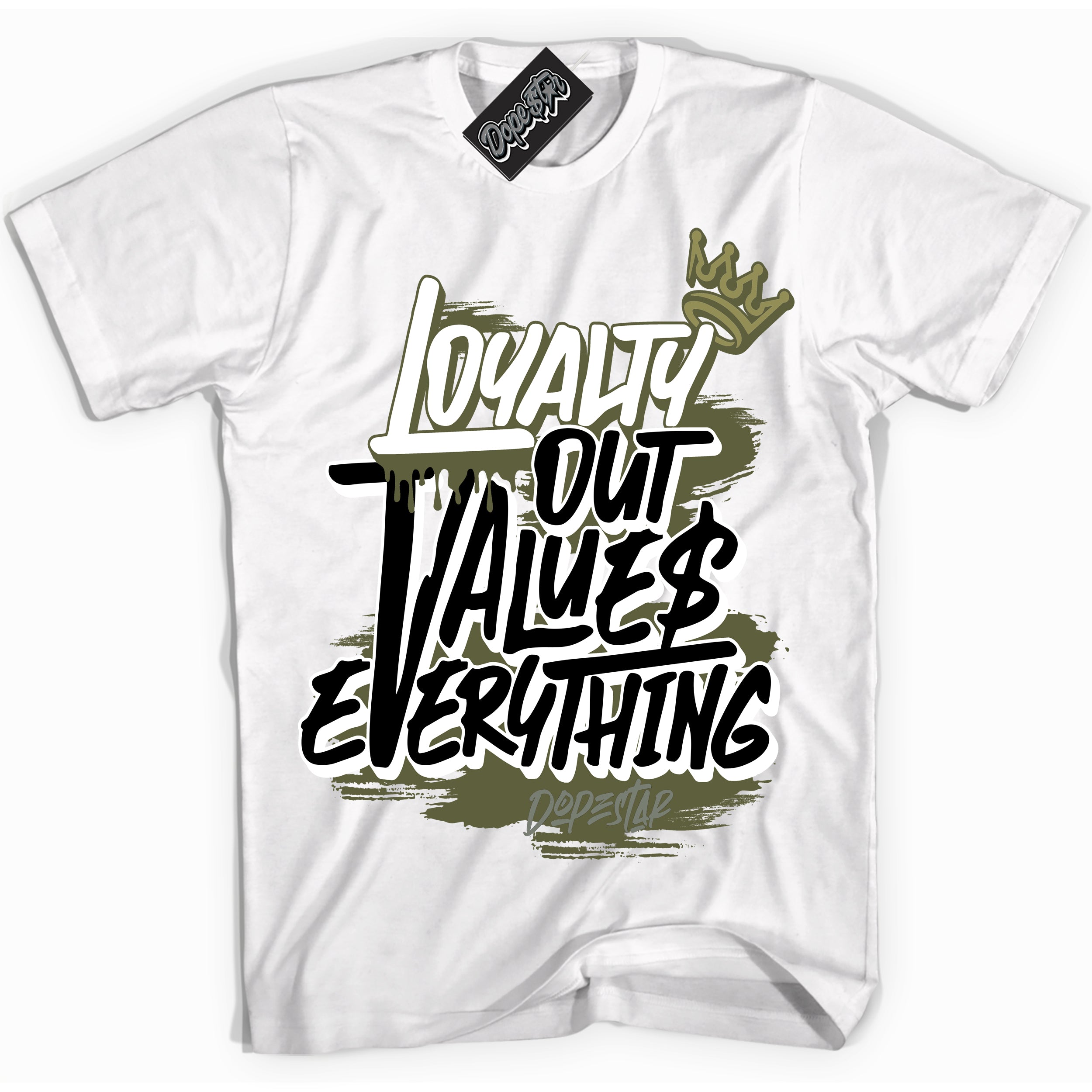 Cool White Shirt with “ Loyalty Out Values Everything” design that perfectly matches Craft Olive 4s Sneakers.