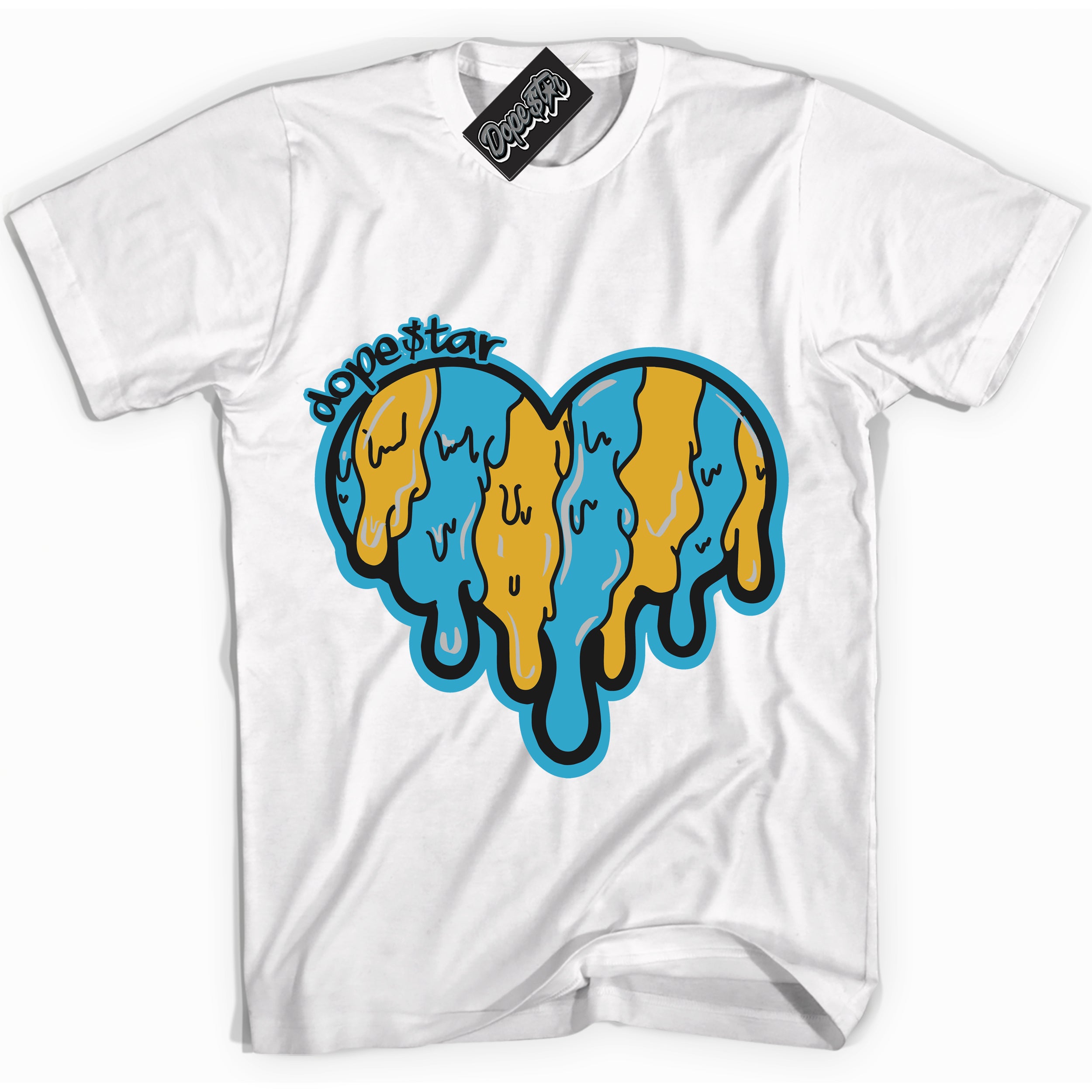 Cool White Shirt with “ Melting Heart” design that perfectly matches Aqua 5s Sneakers.