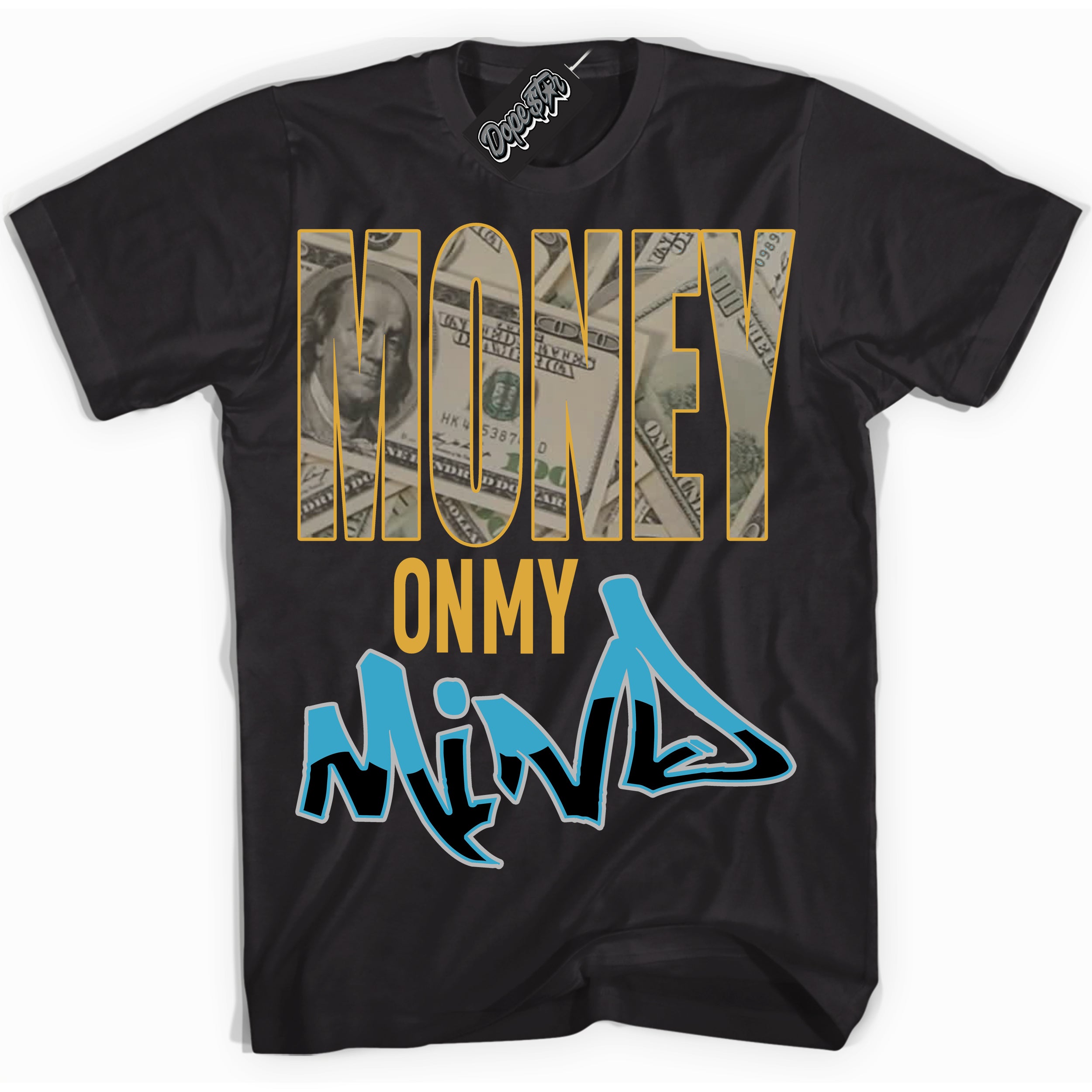 Cool Black Shirt with “ Money On My Mind” design that perfectly matches Aqua 5s Sneakers.